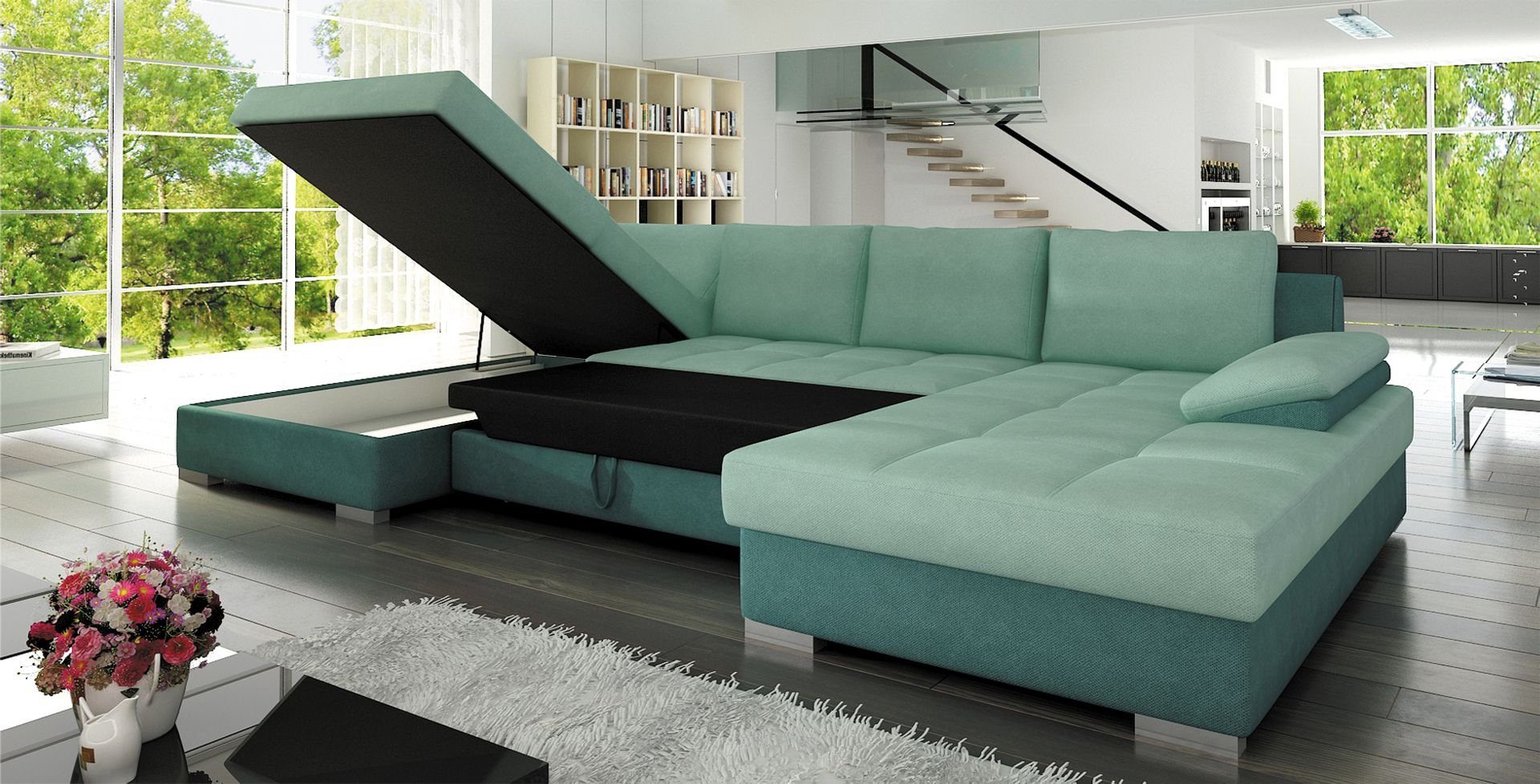 Wohnlandschaft Türkis Ecksofa U-Form JVmoebel Made Große in Polster Europe Luxus Couch Bettfunktion,