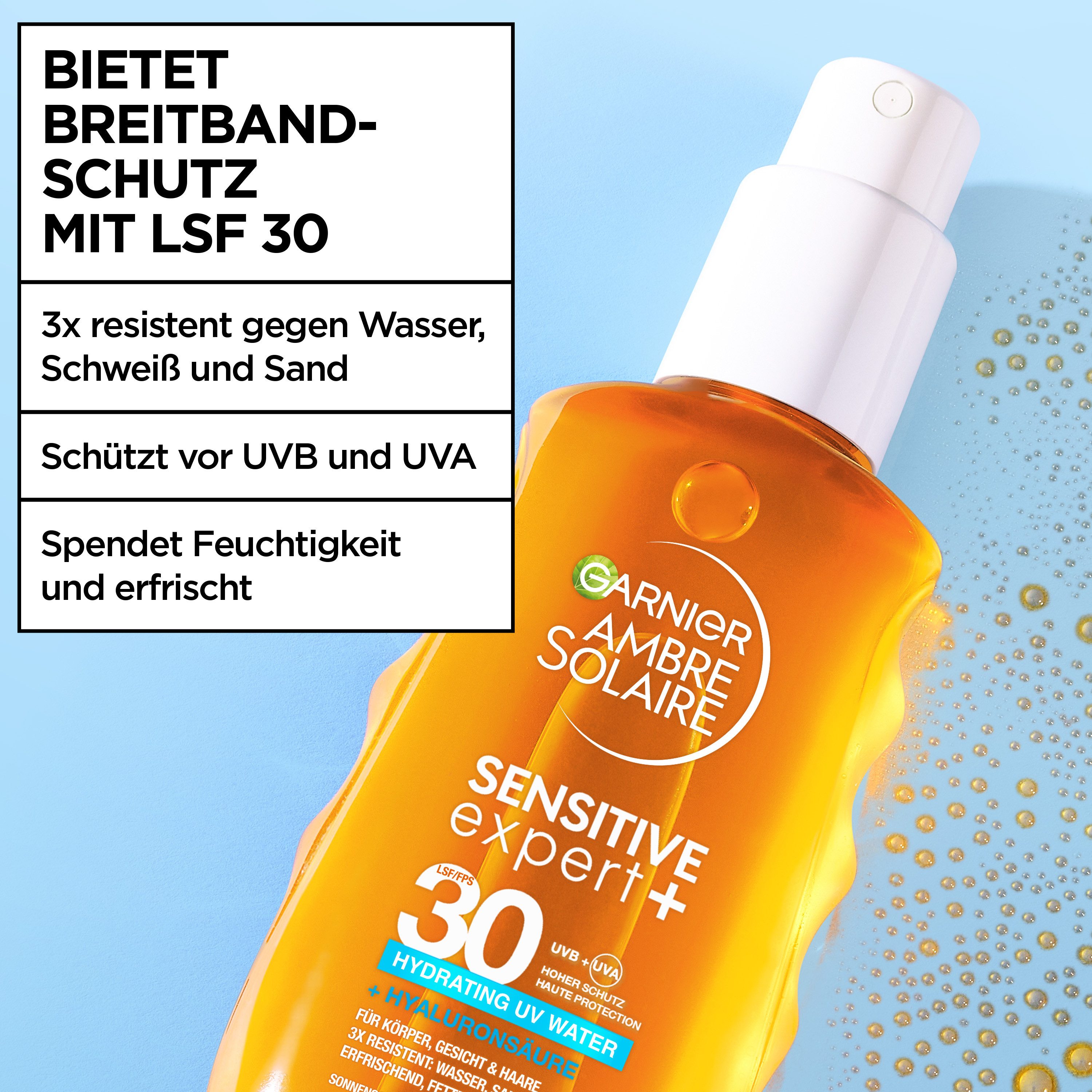 GARNIER Sonnenschutzspray AMBRE SOLAIRE SENSITIVE EXPERT+ LSF 30, mit Hyaluronsäure, für Körper, Gesicht und Haare geeignet