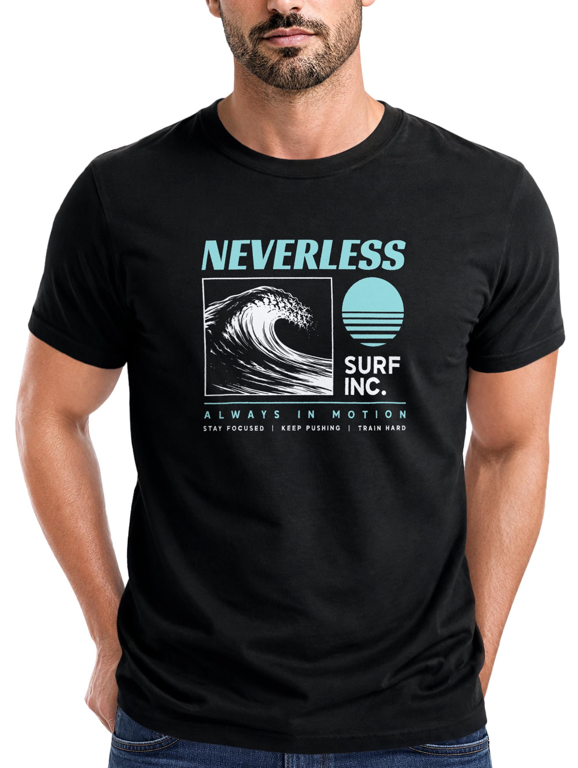 Neverless Print-Shirt Herren T-Shirt Frontprint - Design Surf inc wave - Baumwollshirt mit Print