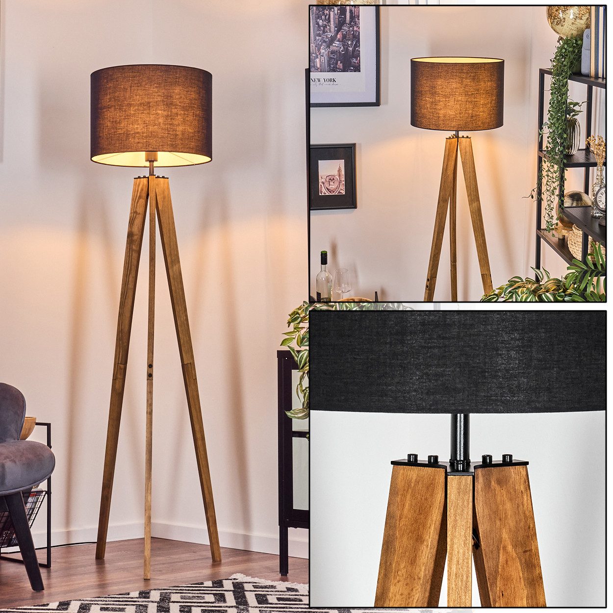 hofstein Stehlampe Stehlampe aus Holz/Metall/Stoff in Natur/Schwarz/Weiß, ohne Leuchtmittel, Leuchte Stoffschirm (40 cm), Höhe 161 cm, 1 x E27, ohne Leuchtmittel