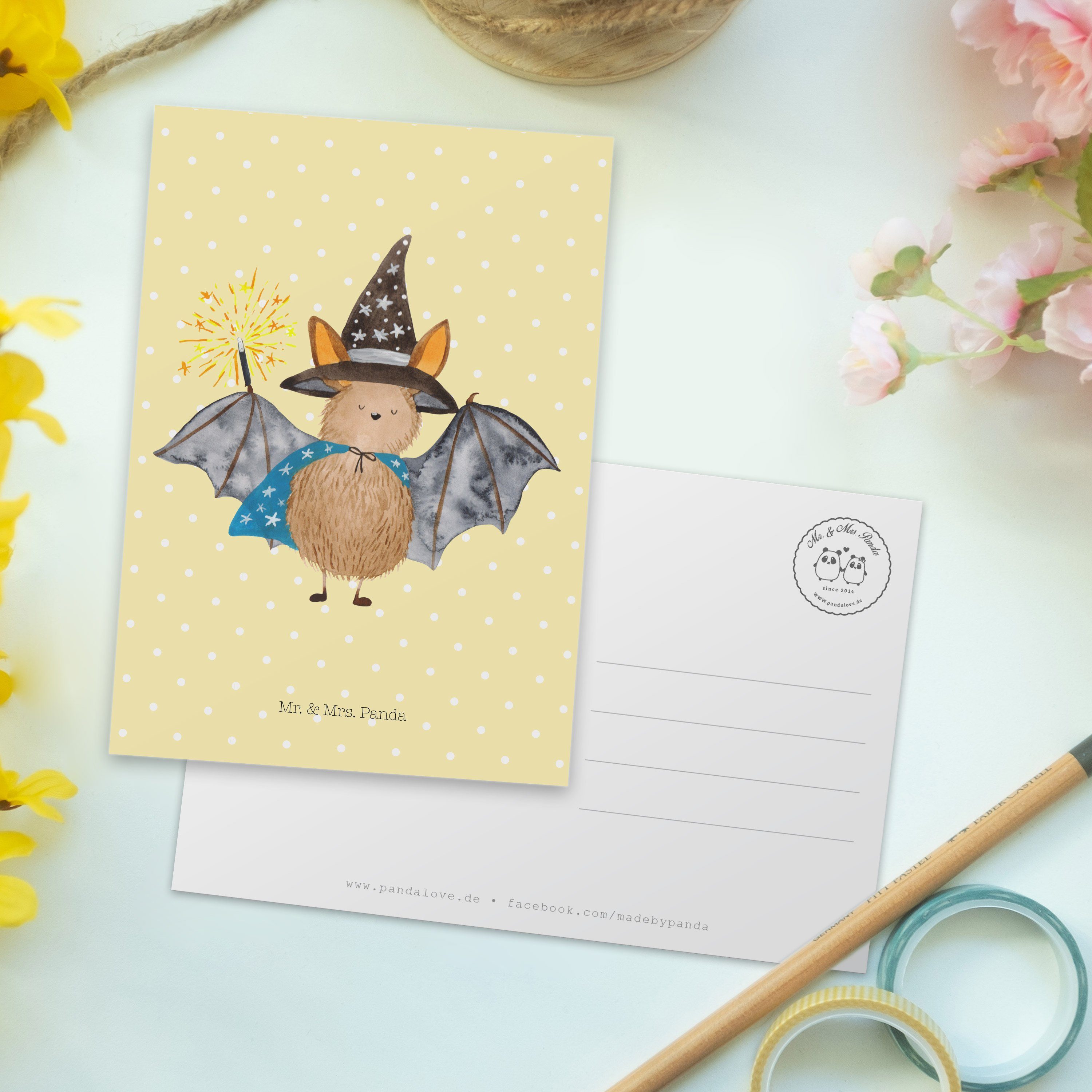 Mr. Magie Panda & Sprüche, Postkarte Mrs. lustige - - Geschenk, Fledermaus Pastell Zauberer Gelb