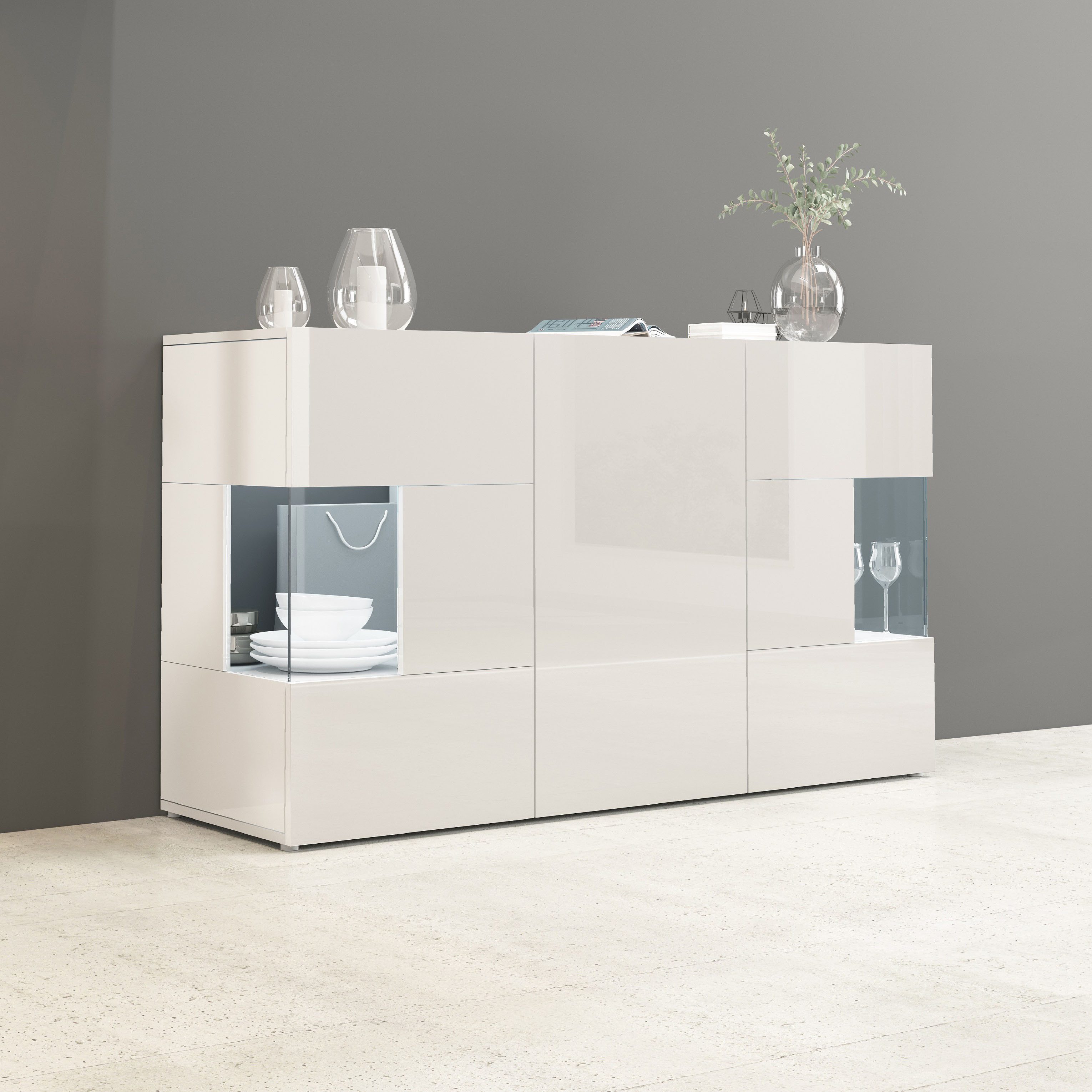 OTTO home Sideboard Egypt, Kommode, Schrank, Kredenz, Vitrine grifflos, 3 Türen davon 2 mit Glaseinsatz, kompl. Hochglanz lackiert Breite 135