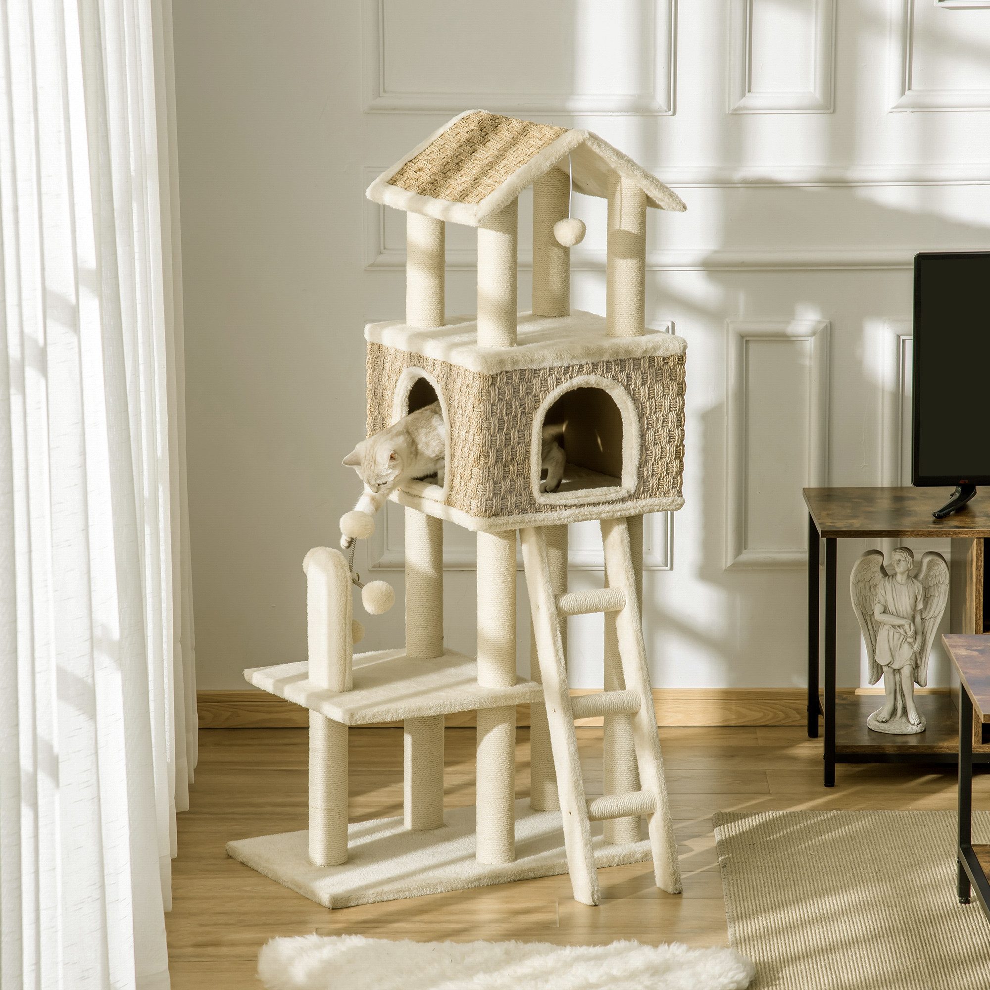 PawHut Kratzbaum Katzenbaum Kletterbaum mit Katzenhöhle Spielbälle, Spanplatte Plüsch Khaki+Beige