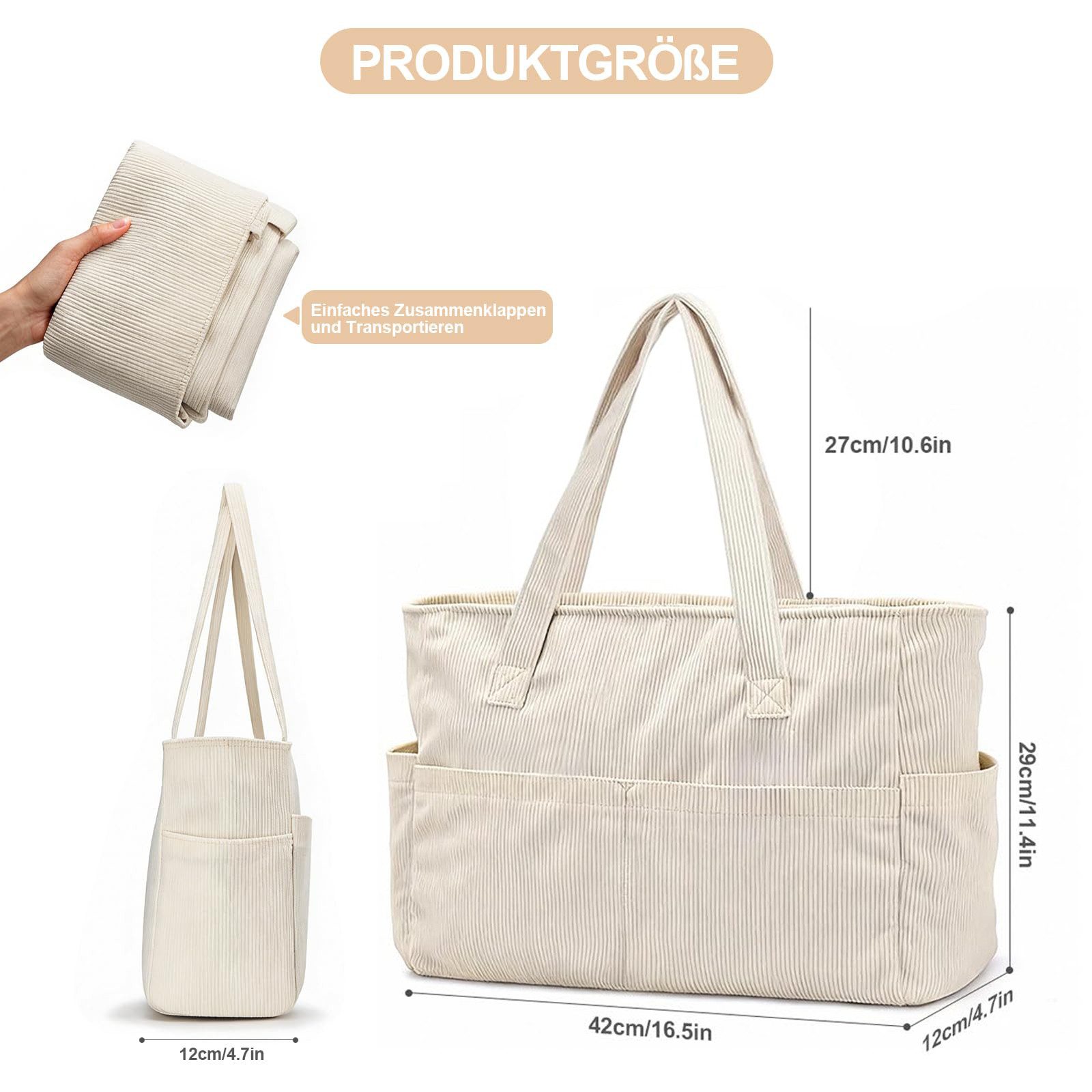 Zaewry Schultertasche Damen-Cord-Schultertasche, große Tragetasche mit viel Stauraum, modische Handtasche für Arbeit, Fitnessstudio, Schule oder Reisen – Bild 3 von 5