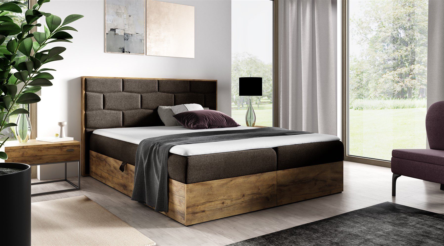 Fun Möbel Boxbett Schlafzimmerbett BEILA Stoff Faro (Auch in Überlänge erhältlich, Inkl. Kaltschaumtopper und Bettkästen), Lancelot-Eiche-Optik
