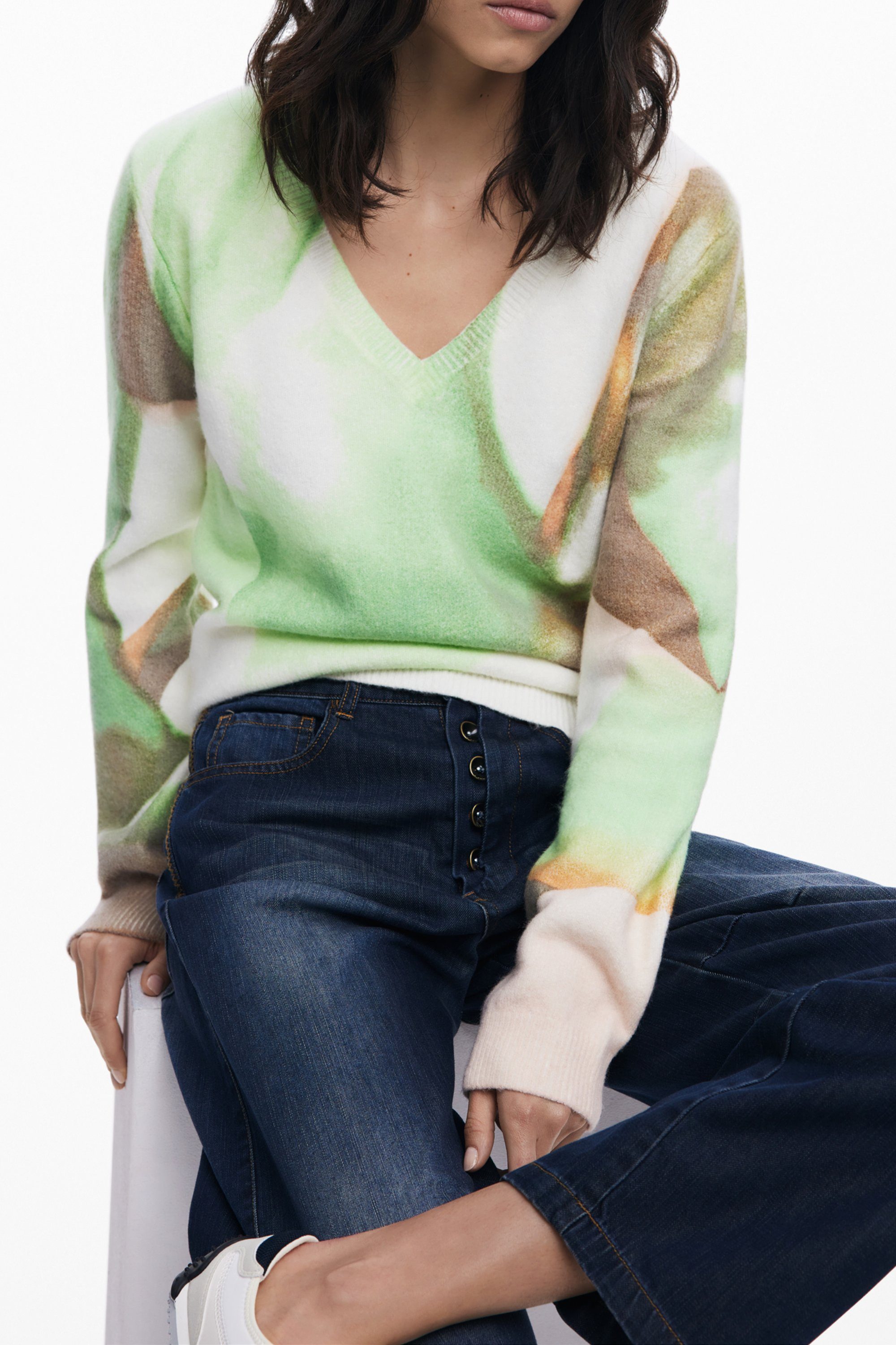 Desigual Strickpullover Damen Langarmshirt mit Fantasiemuster und V-Ausschnitt in Grün