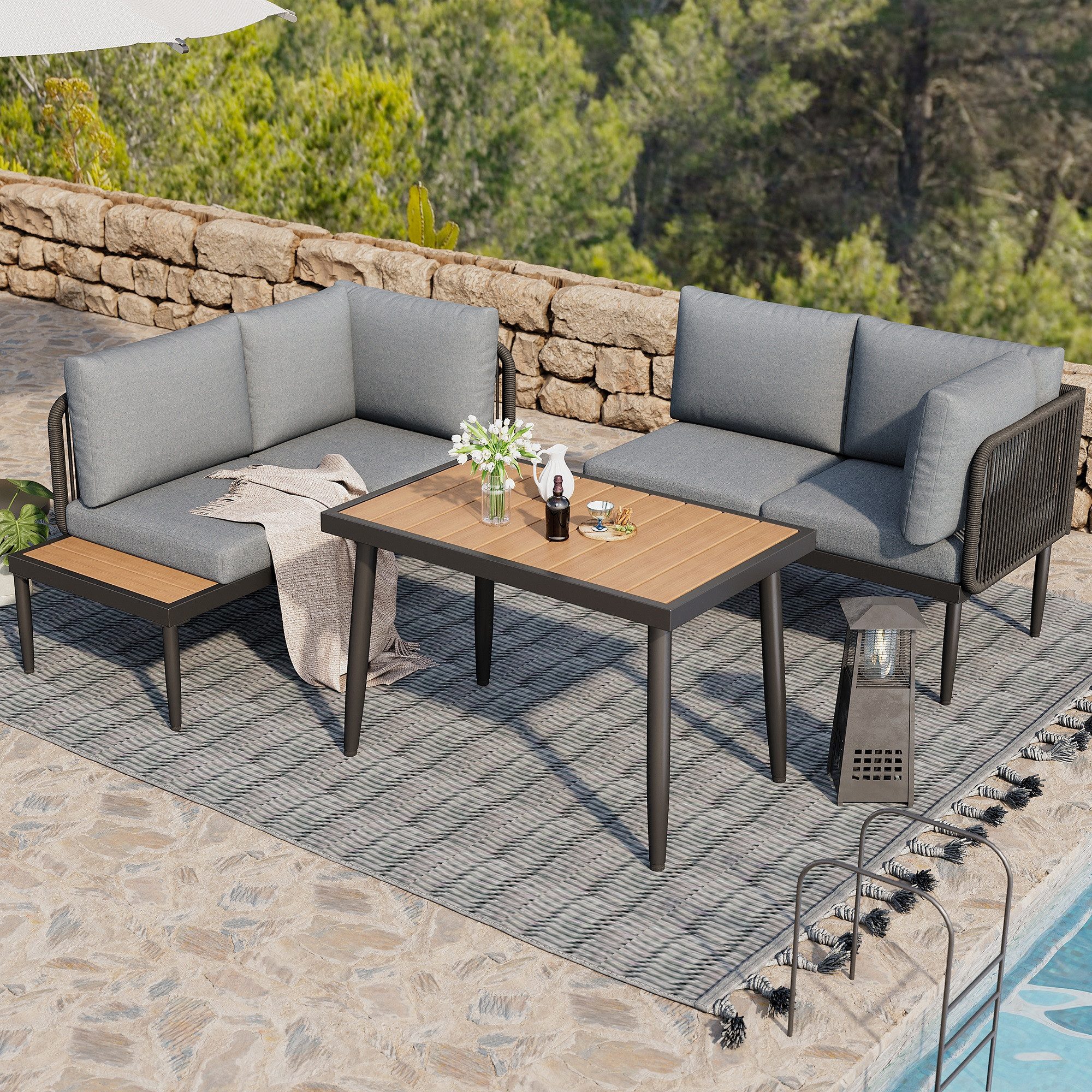 Gartenlounge-Set Gartenlounges Balkon, Gartenmöbel Set 4 Personen mit Ecksofa, Esstisch