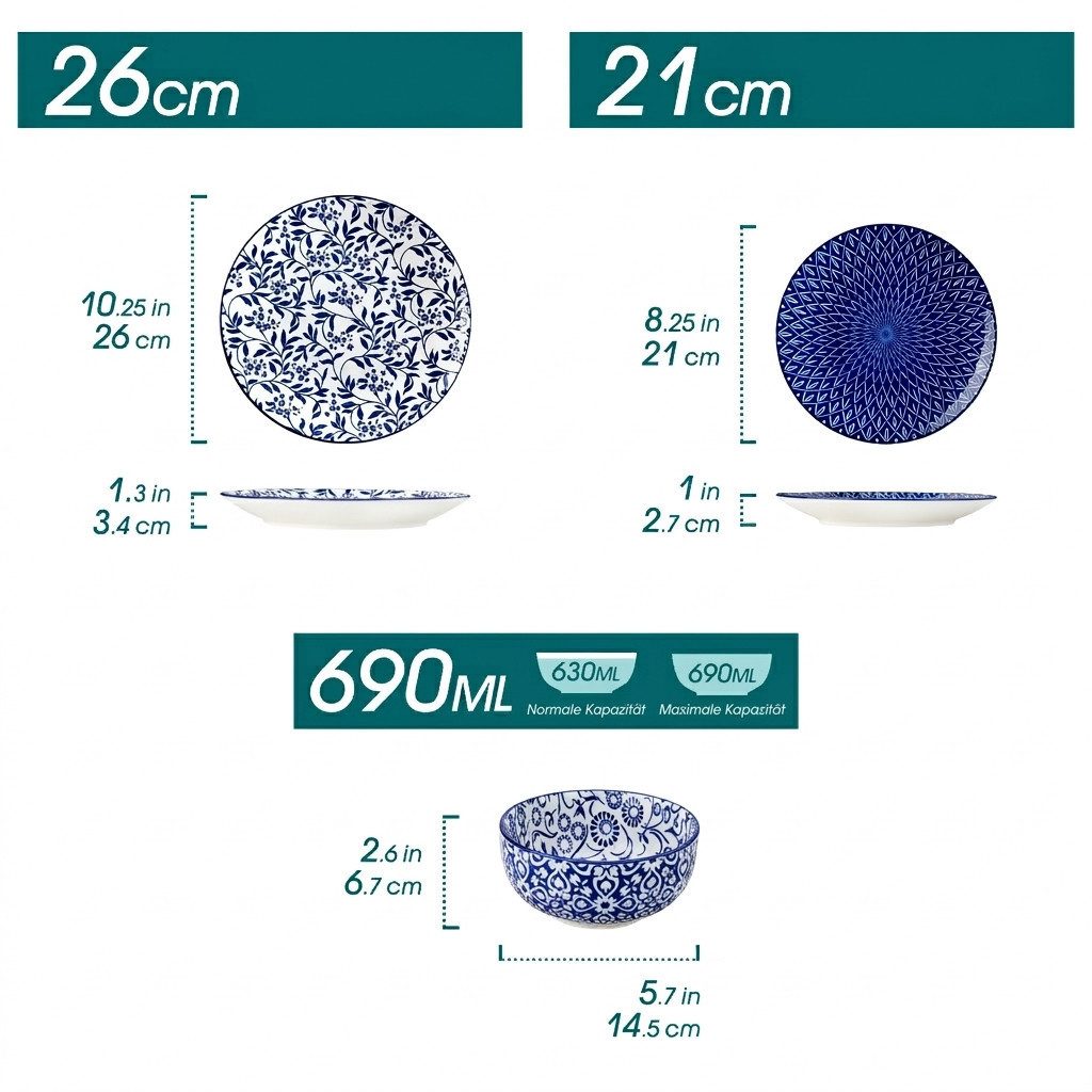 vancasso Geschirr-Set Tafelservice für 4/6 Personen, Porzellan, Blau und Weiß/Bunt (12-tlg), 4 Personen, Porzellan