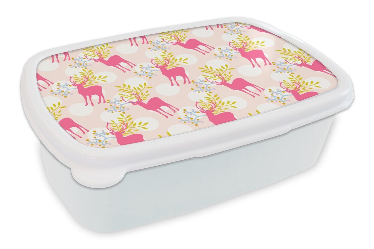 MuchoWow Lunchbox Hirsche - Rosa - Muster, Kunststoff, (2-tlg), Brotbox für Kinder und Erwachsene, Brotdose, für Jungs und Mädchen weiß