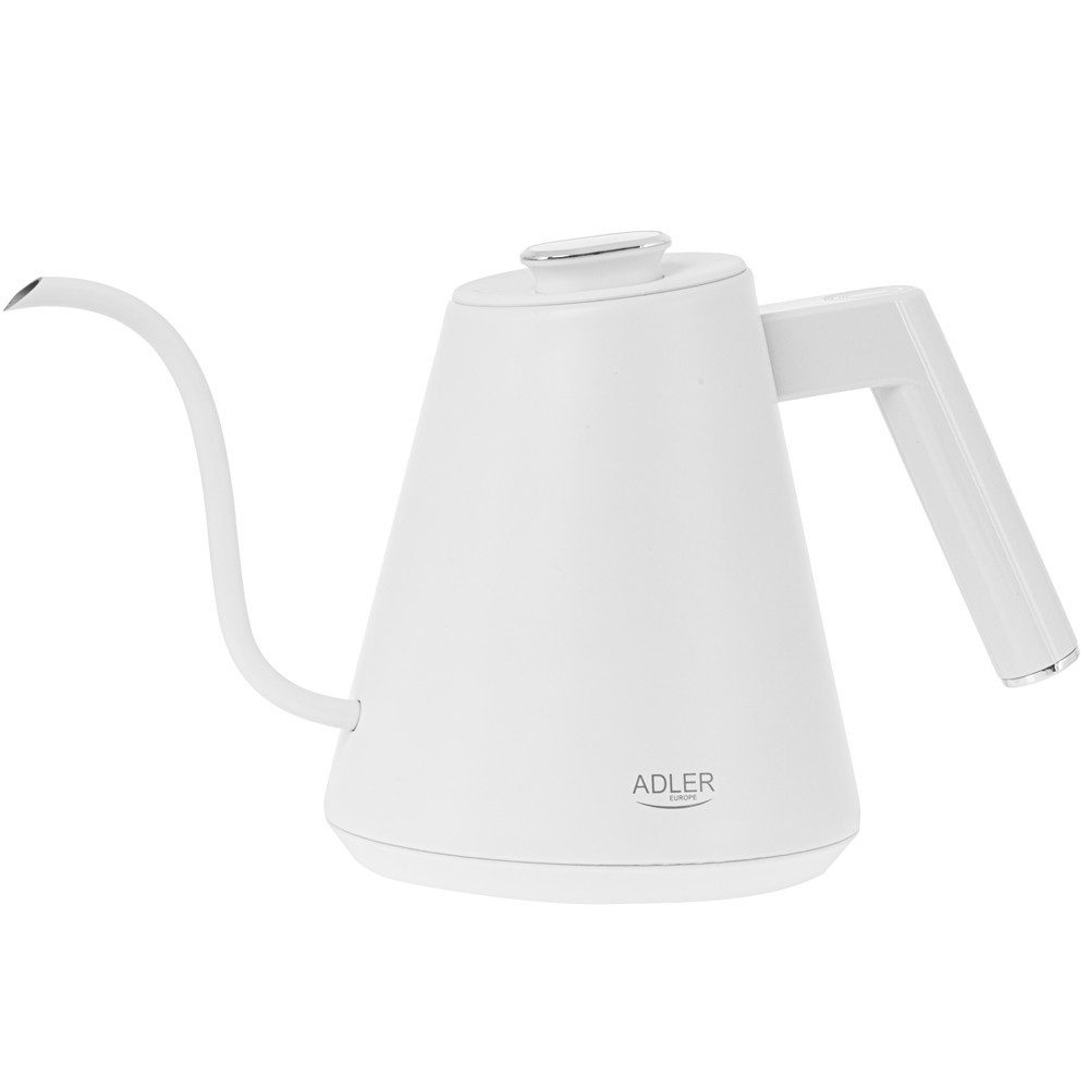 ADLER EUROPE Wasserkocher AD 1349 Schwanenhals Wasserkocher mit Temperatursteuerung 40-100°C, 1 l, 1100 W, Warmhaltefunktion, Edelstahlgehäuse, 360° Basis weiß silber