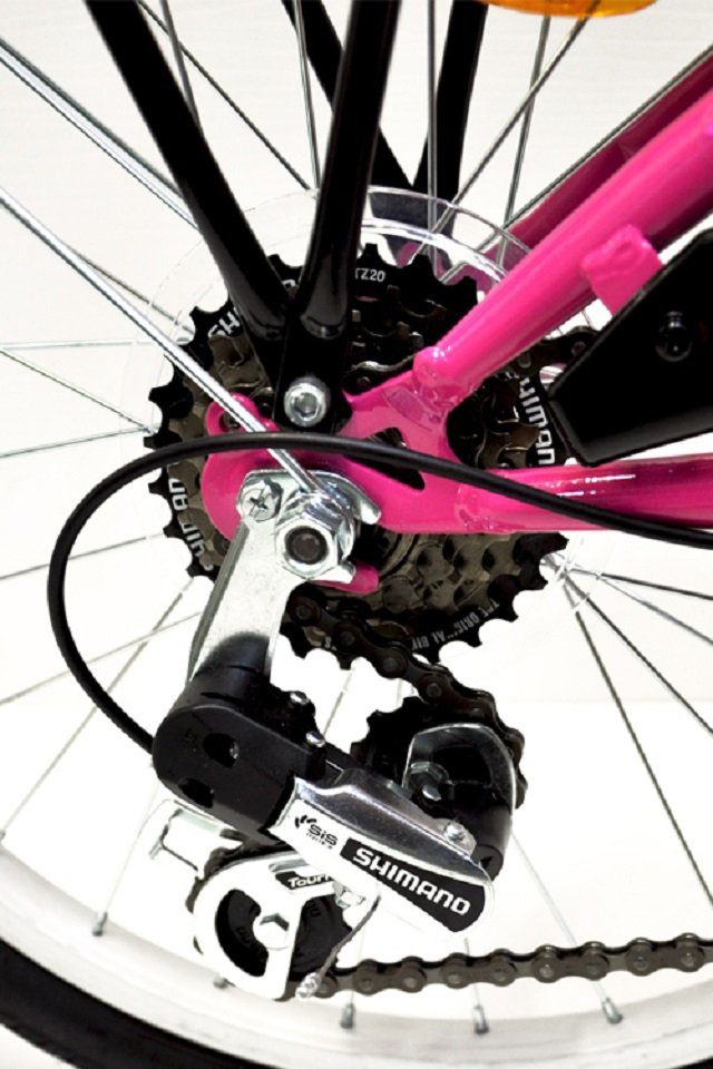 Talson children's bicycle, 20 inch city bike, 6-speed Shimano derailleur gears, with lights compliant with German road traffic regulations (StVZO) and luggage rack, pink