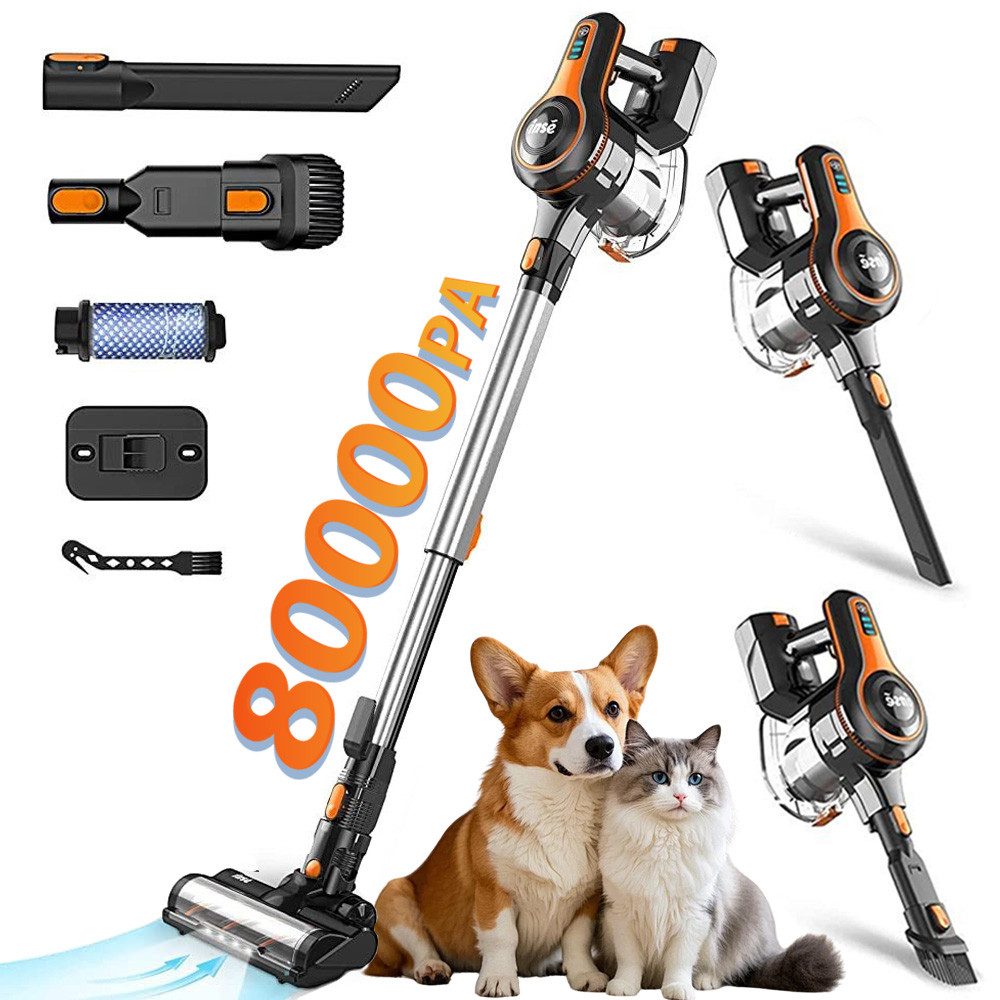 INSE Akku-Hand-und Stielstaubsauger Akku Staubsauger 80000 Pa/ 45 Min/1,2 L Staubsauger Kabellos, mit Beutel, 50dB leise/5-Stufen-Filter/LED Display, Ideal für Böden/Teppiche/Auto