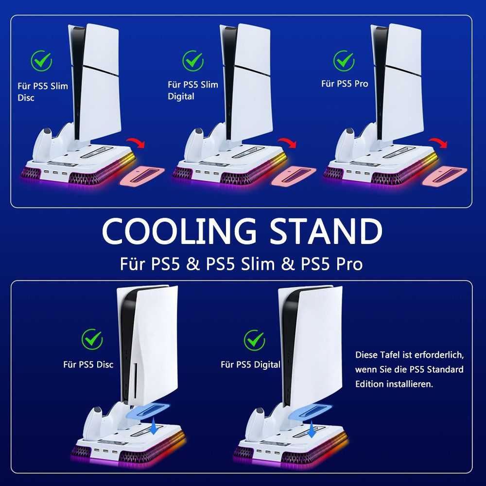 TUWENA PS5/PS5 Slim/PS5 Pro Kühler Standfuß mit Dual Controller Ladegerät Gaming-Controller