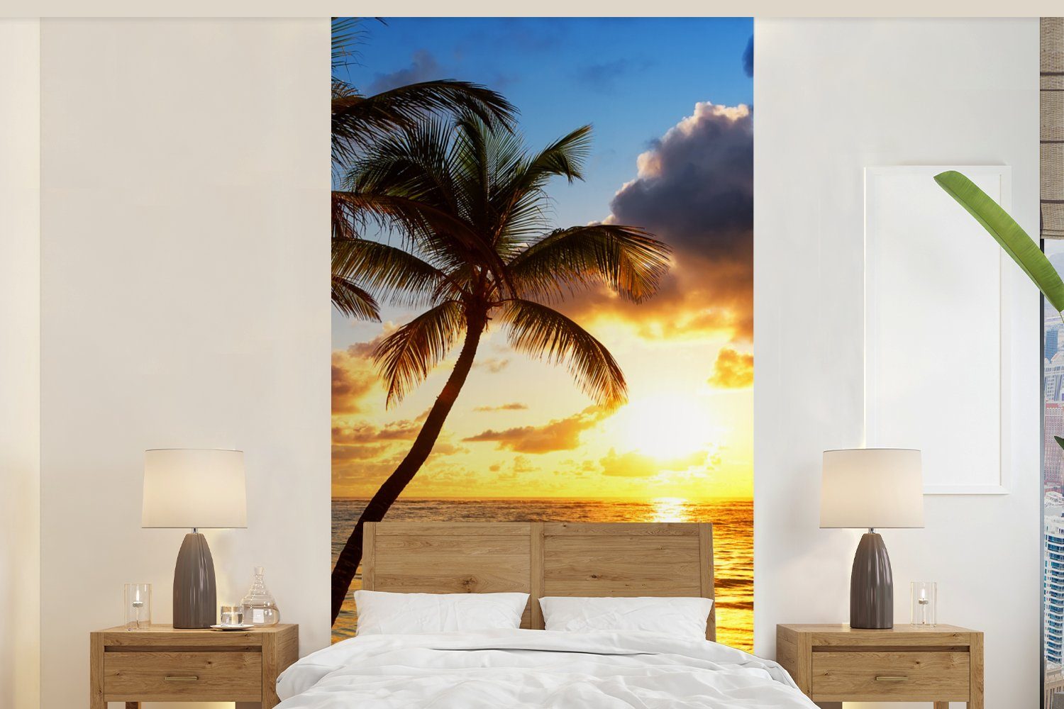 Matt, Küche, (2 Horizont - Vliestapete für Wohnzimmer Fototapete Schlafzimmer - Strand MuchoWow Fototapete Palme bedruckt, Sonnenuntergang Meer, St), - -