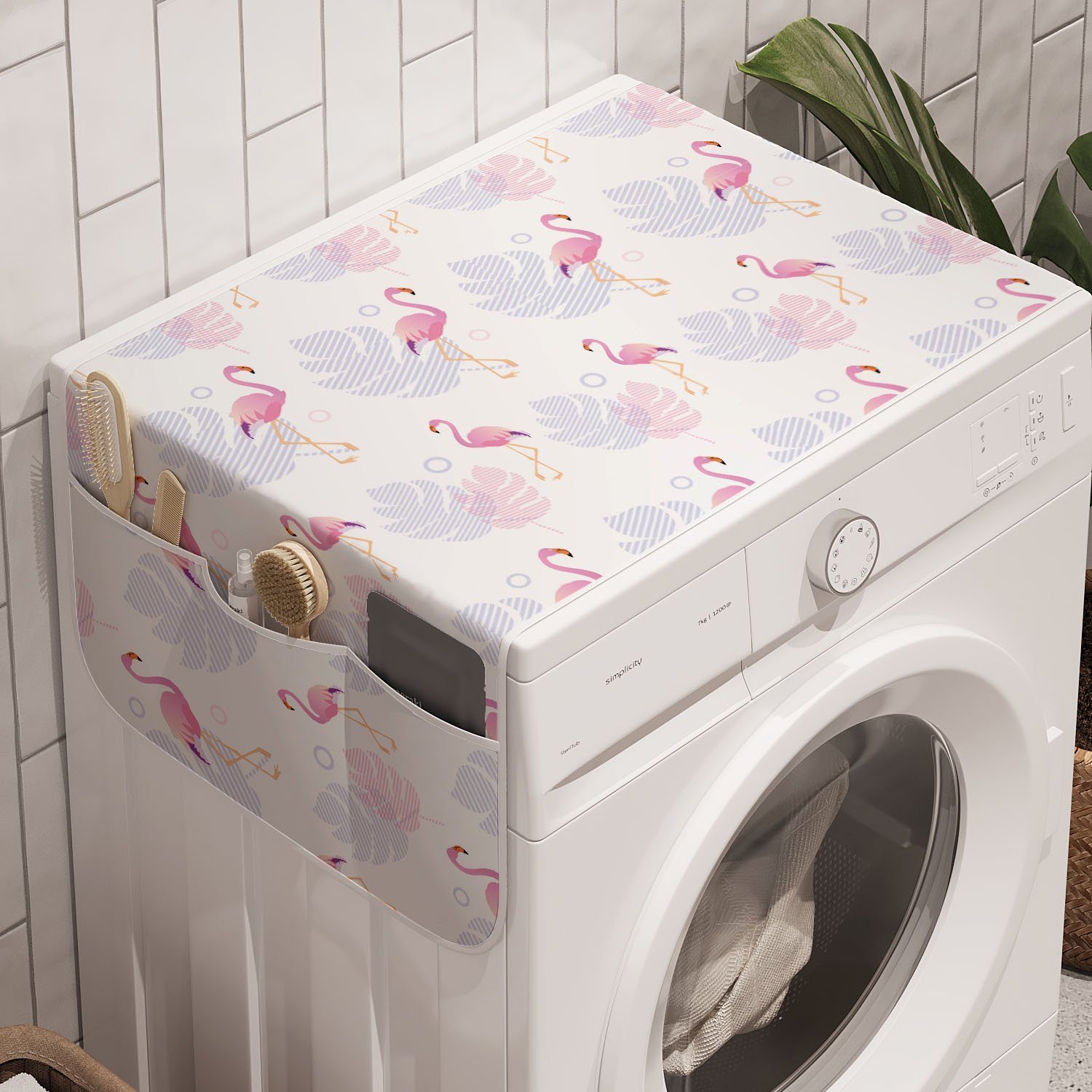 hawaiisch Waschmaschine und Badorganizer Trockner, Anti-Rutsch-Stoffabdeckung Kunst Blätter und Flamingos Abakuhaus für