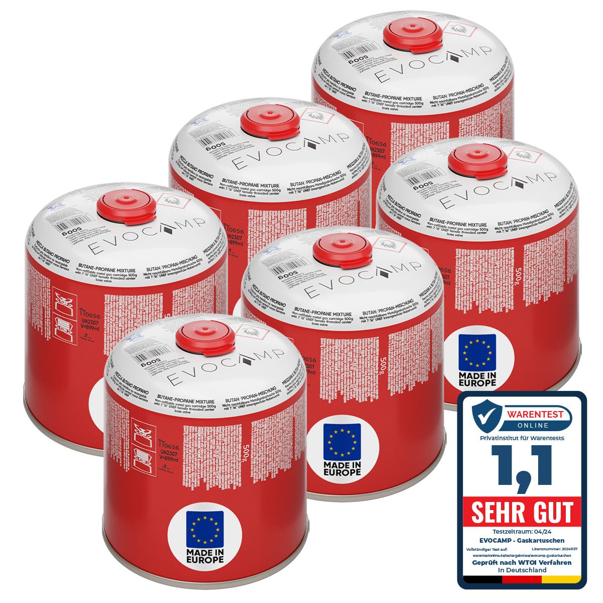 EVOCAMP Gaskartusche 6x Butangas Kartuschen 500g, Schraubkartusche mit Butan/ Propan Gas, 6 St.