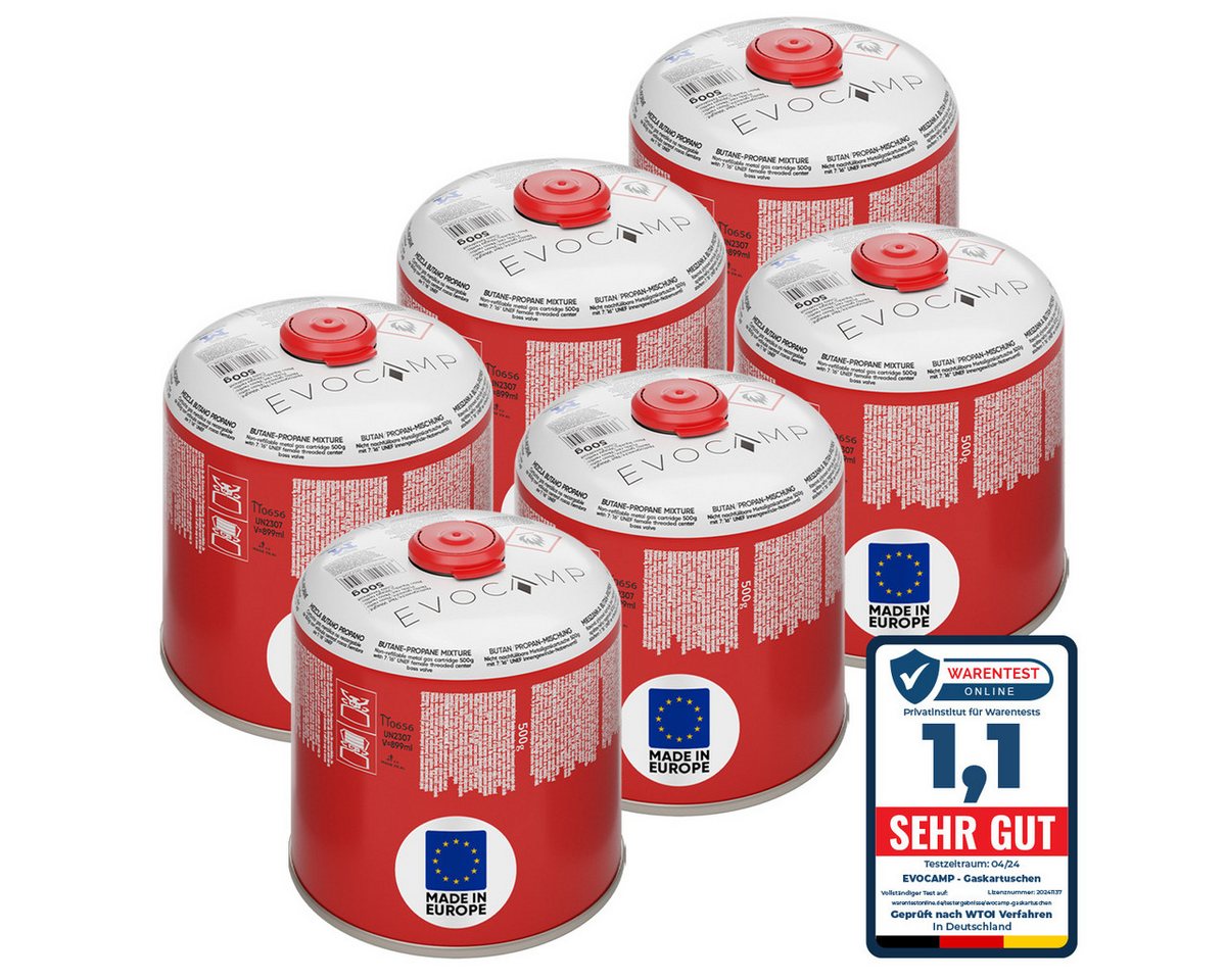 EVOCAMP Gaskartusche 6x Butangas Kartuschen 500g, Schraubkartusche mit Butan/ Propan Gas, 6 St.