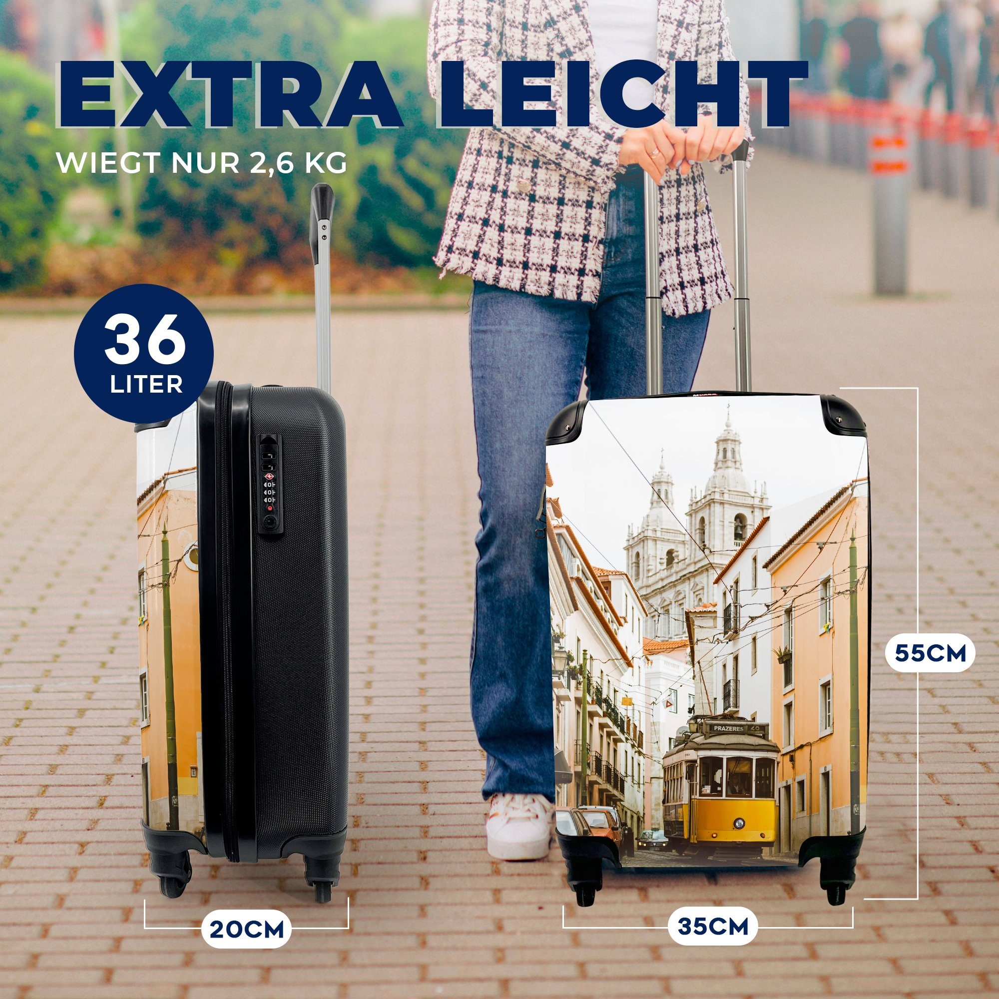 MuchoWow Handgepäckkoffer Rollen, Trolley, mit 4 rollen, Straßenbahn für fährt Reisetasche Reisekoffer gelbe berühmte Lissabon, Die Handgepäck durch Ferien