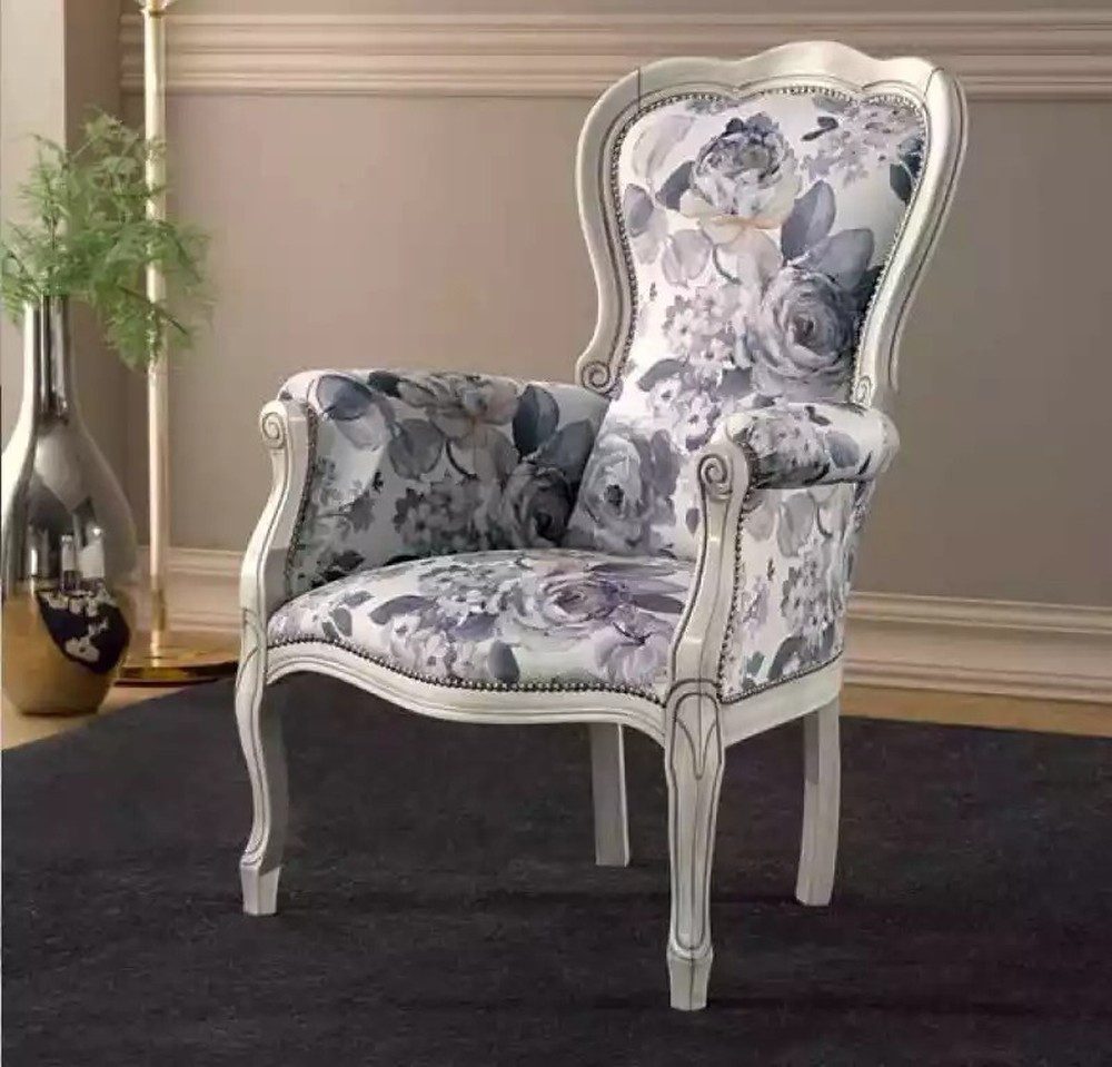 JVmoebel Ohrensessel Eleganter Sessel aus Designerstoff in Weiß-Blau mit Holzfüßen (Packung, 1-St., Eleganter Ohrensessel aus Designerstoff), Made in Europa