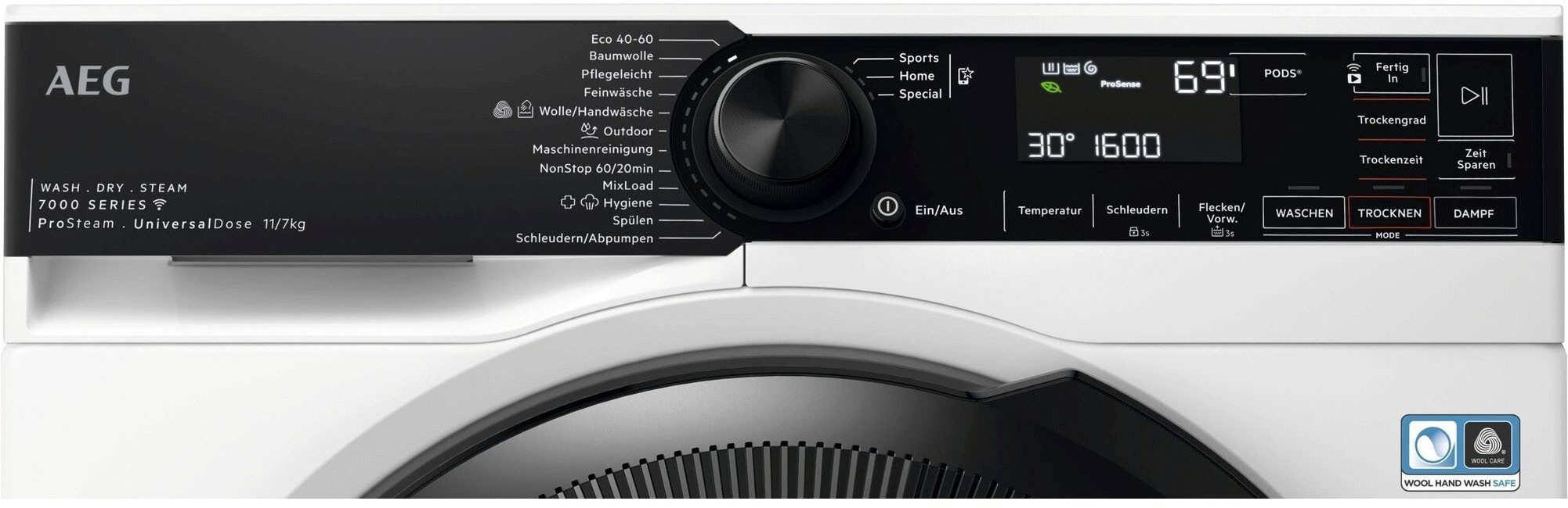 AEG Waschtrockner 7000 ProSteam® LWR7E70610, 11 kg, 7 kg, 1600 U/min, UniversalDose: löst PODS®/Caps 60 % schneller auf für beste Reingung