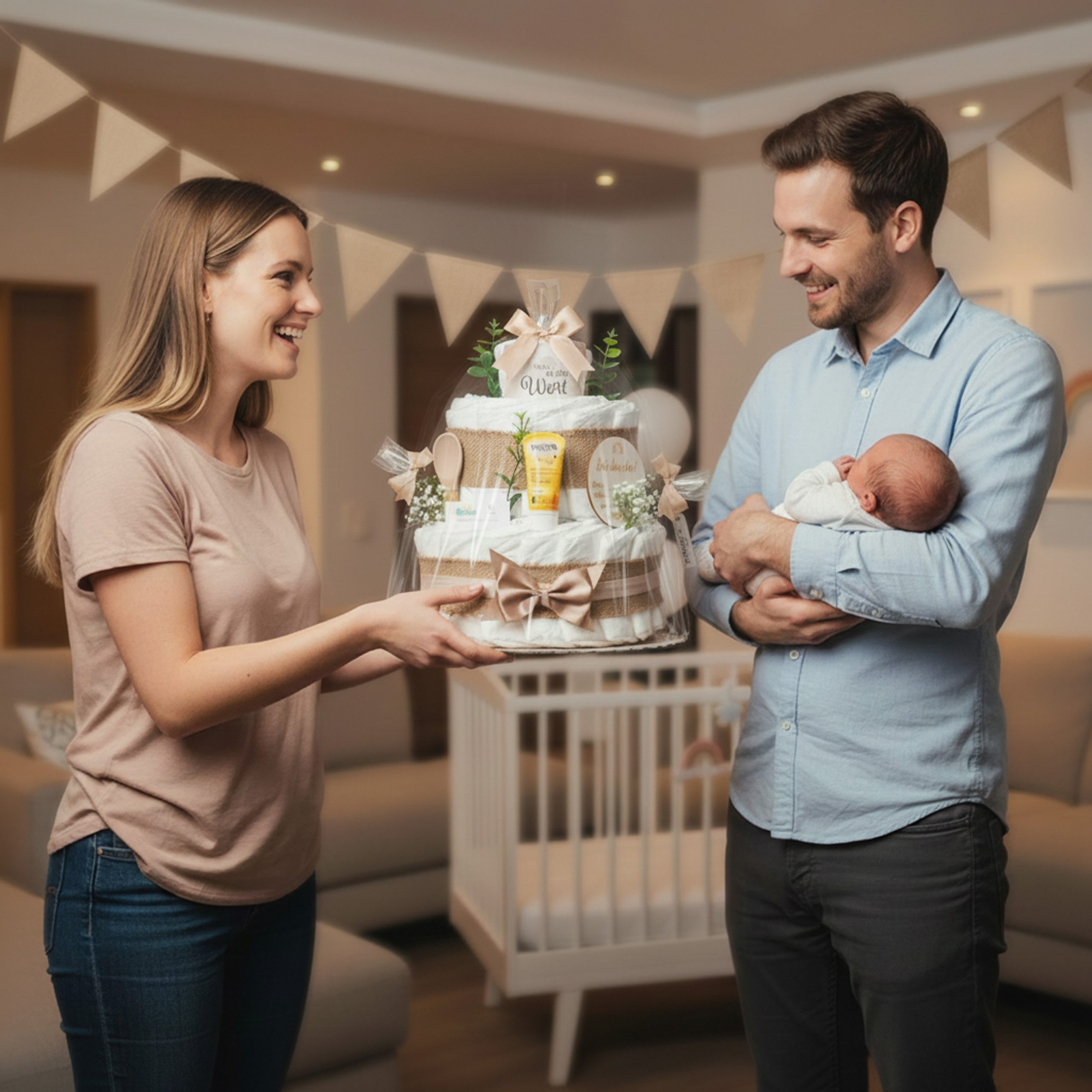 Timfanie Windeln Windeltorte, Boho Baby-Cake, natur, 0-8 Monate (Handgefertigtes Geschenk - In Folie gehüllt, mit Schleifen verziert, 37-St., 20x Pampers Premium, wertige Accessoires), Das Perfekte Geschenk zur Geburt oder Babyparty.