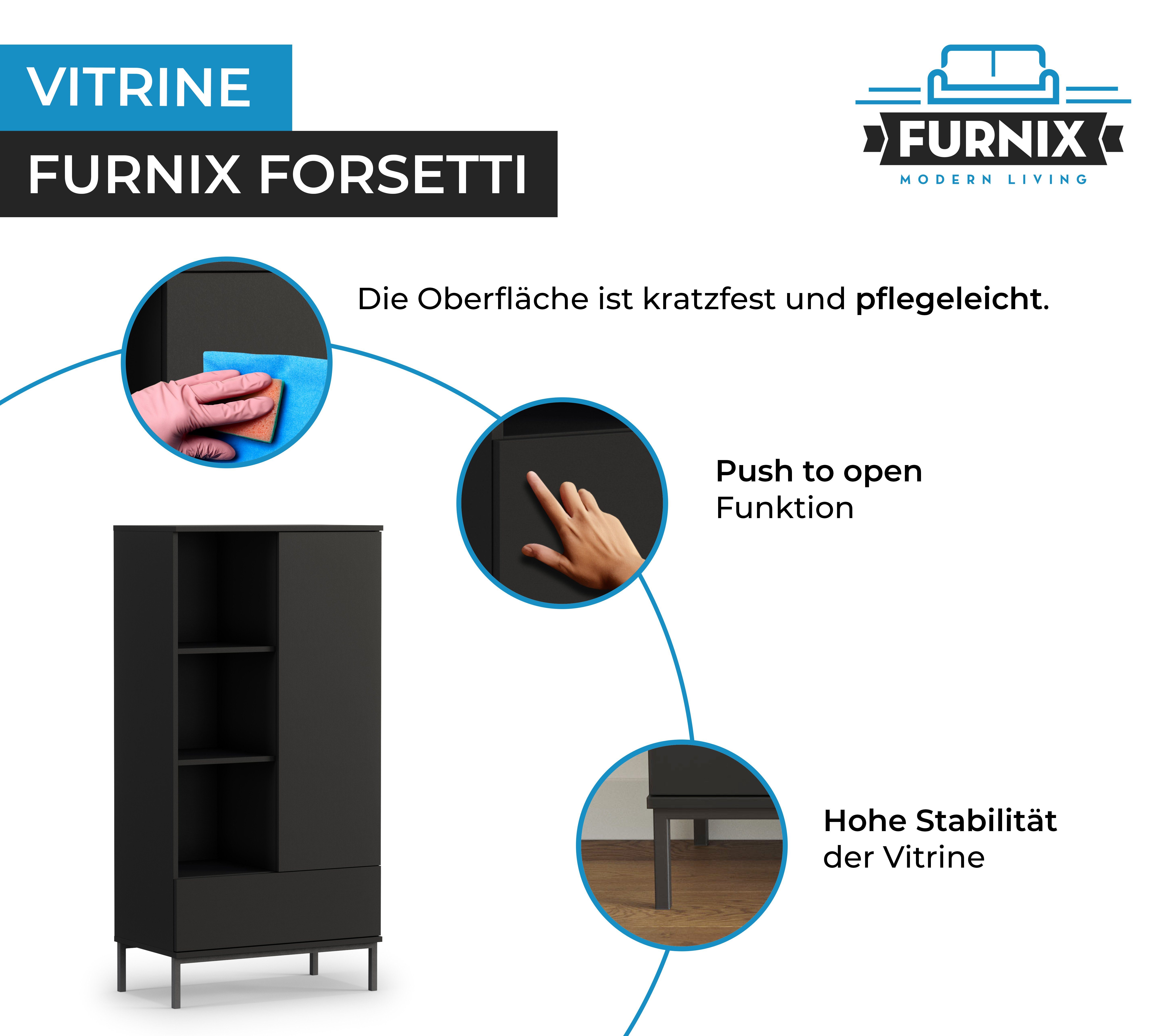 Furnix Vitrine FORSETTI R70 Highboard elegant B70 in finden Schwarz Fächer, Serie H140 der cm 6 unserem Artikel Sie Schublade, x T41 x Sortiment) (Weitere matt