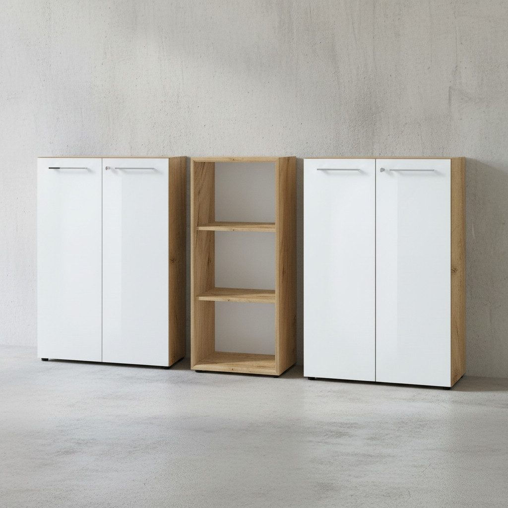 KADIMA DESIGN Büromöbel-Set Büro-Set MUENCHEN 3-tlg, 2 Kommode & Regal, Glasfront Abschließbar, (3 Ordnerhöhen, Soft-Close, Büromöbel Made in Germany, Home Office Büro), Sideboard-Kombination 2x Aktenschränke (Midi), 1x Aktenregal Modern