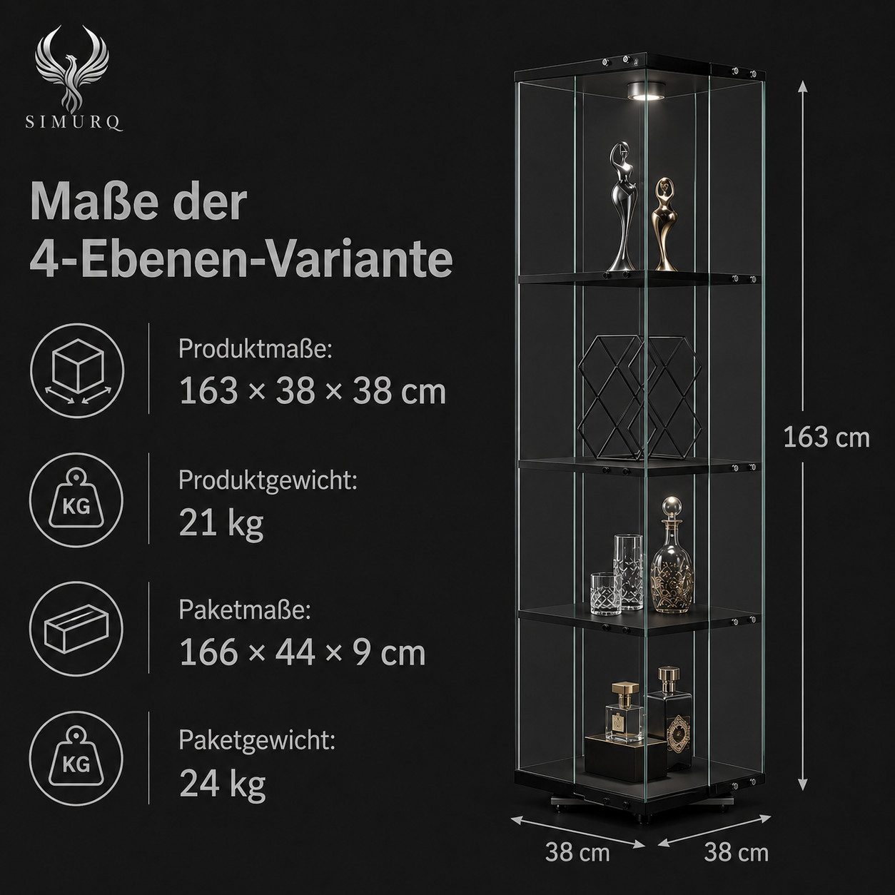 Simurq Glasvitrine mit LED-Touch-Licht und 360° Sockel für Deko und Figuren (1-St., 6 Varianten verfügbar) 360° drehbar, 38 × 38 cm Stellfläche, LED-Touch-Licht – Bild 2 von 5