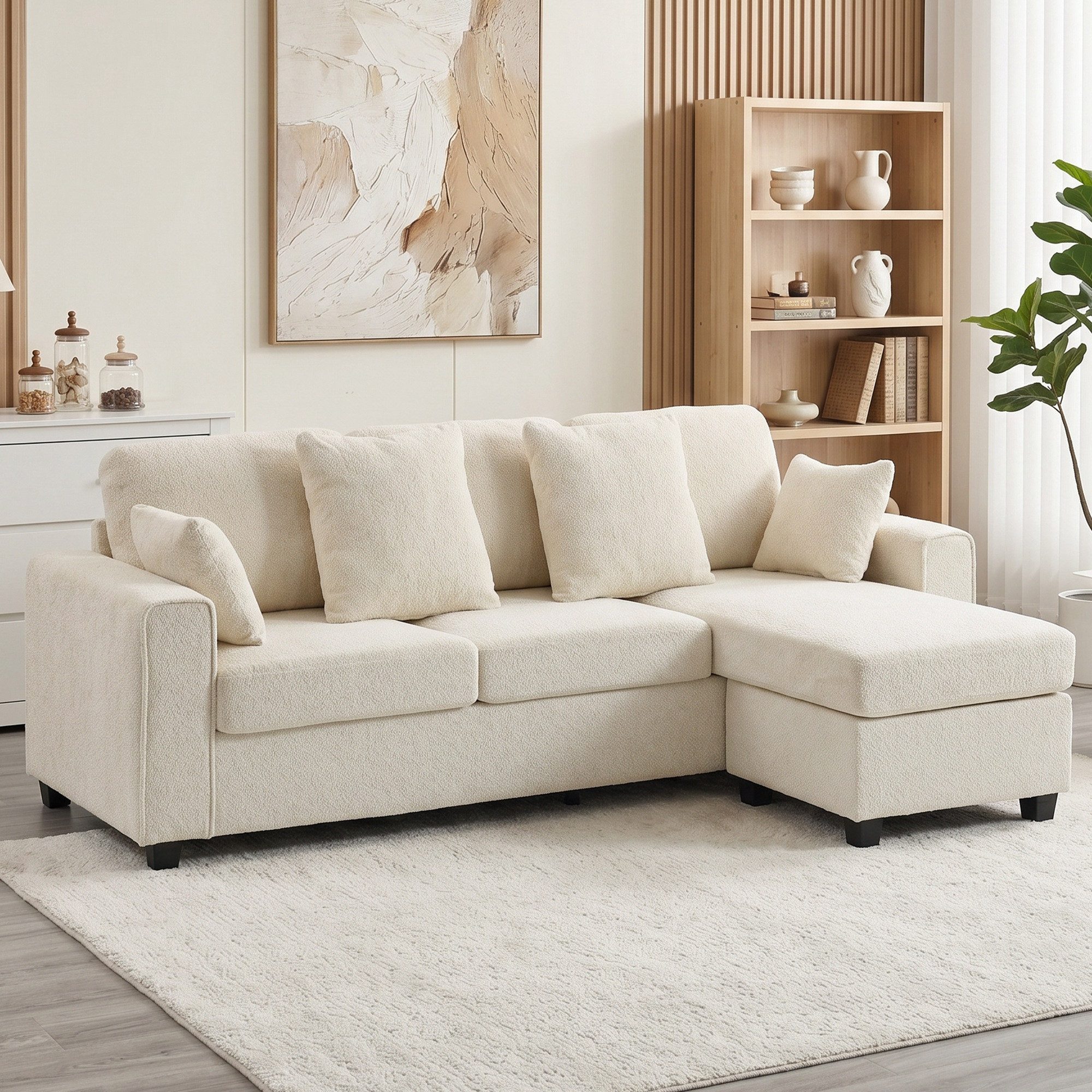 HOMCOM Ecksofa L-Form Sofa 3-Sitzer, Samtstoff mit Punktstruktur, Beige, Couch 1 Teile, 18 cm dicke Kissen, reversible Chaiselongue, robust bis 400 kg