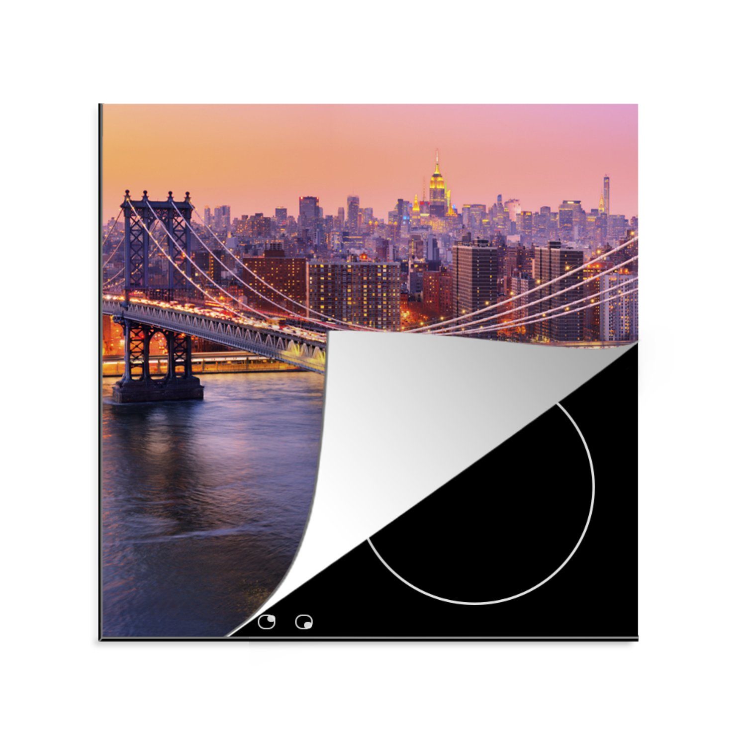 MuchoWow Herdblende-/Abdeckplatte Die Brooklyn Bridge bei Sonnenuntergang, Vinyl, (1 tlg), 78x78 cm, Ceranfeldabdeckung, Arbeitsplatte für küche