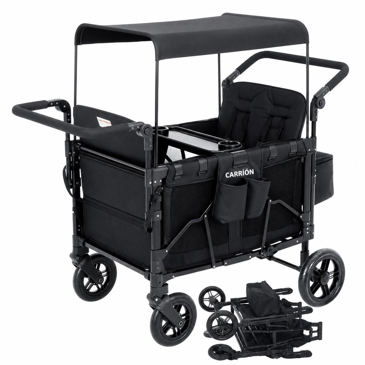 GarveeMore Bollerwagen 2-in-1 faltbarer Kinderwagen mit abnehmbarem Snack-Tablett (inkl. Schiebe- & Ziehgriff, 360° Lenkrollen, One-Step-Fußbremse), für 4 Kinder, 60 kg Tragkraft pro Sitz, 90×65×110 cm