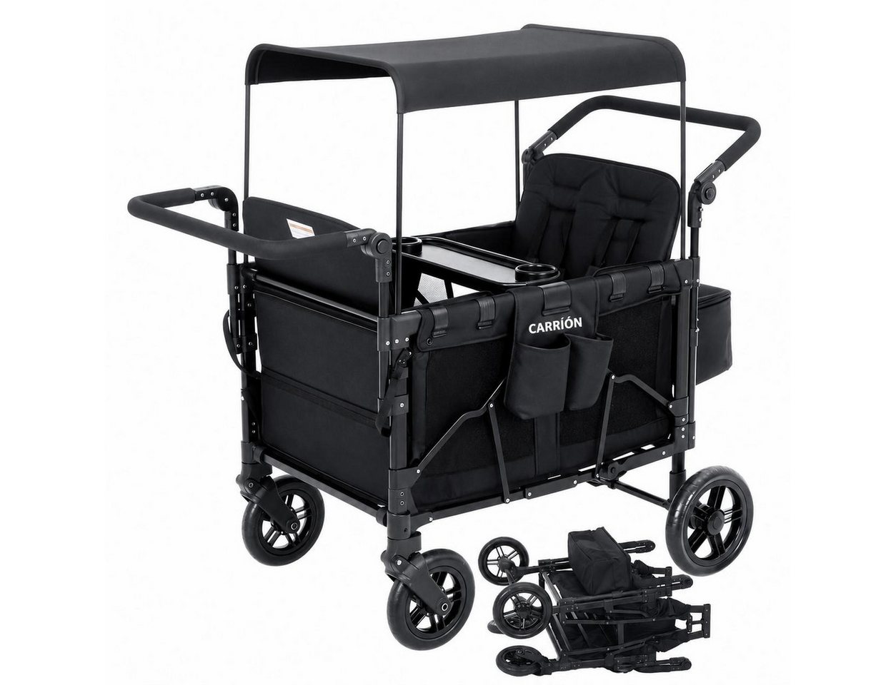 GarveeMore Bollerwagen 2-in-1 faltbarer Kinderwagen mit abnehmbarem Snack-Tablett (inkl. Schiebe- & Ziehgriff, 360° Lenkrollen, One-Step-Fußbremse), für 4 Kinder, 60 kg Tragkraft pro Sitz, 90×65×110 cm