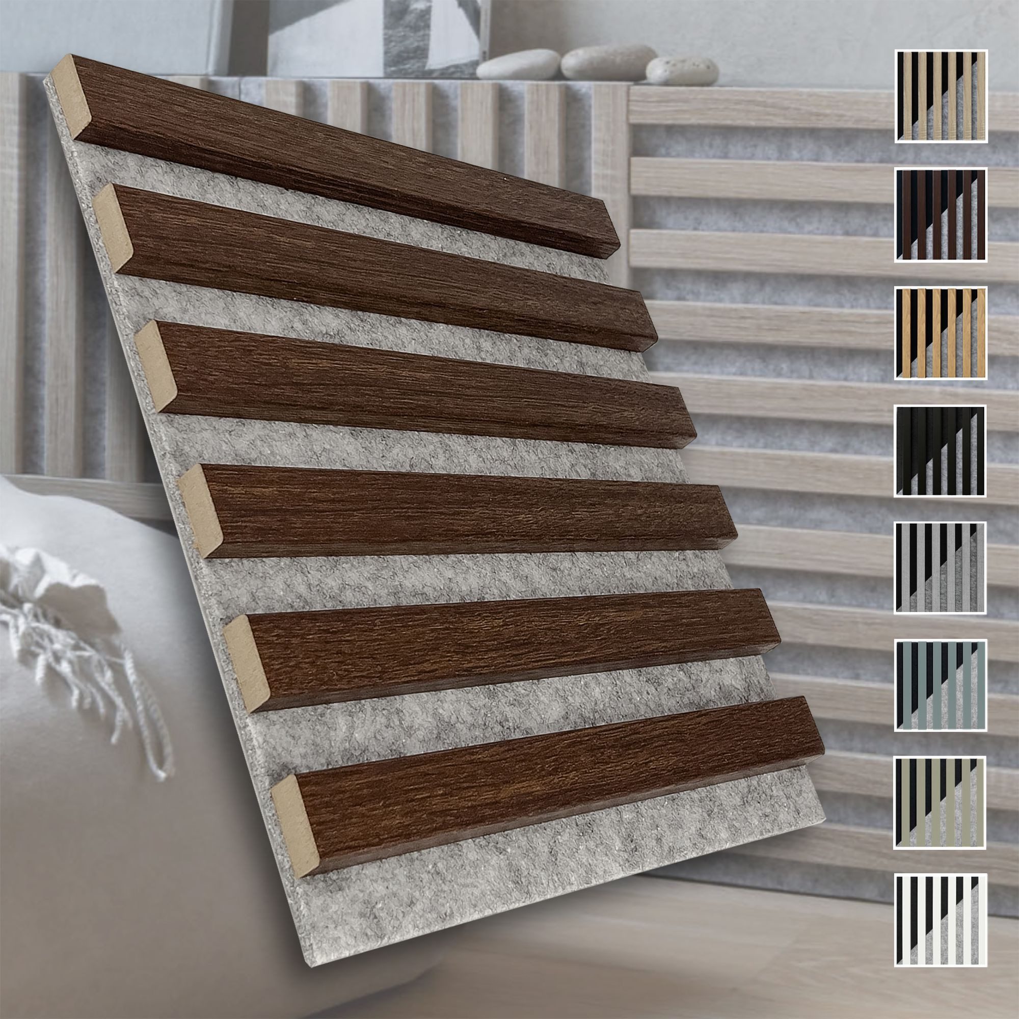 marbet design Wandpaneel, BxL: 30x30 cm, (Akustikpaneele Akustikquadrate 30x30cm Wandverkleidung Holz - (1 Paneel, grau - Eiche dunkel) vertikal Akustikfilz Lamellenwand Platten)