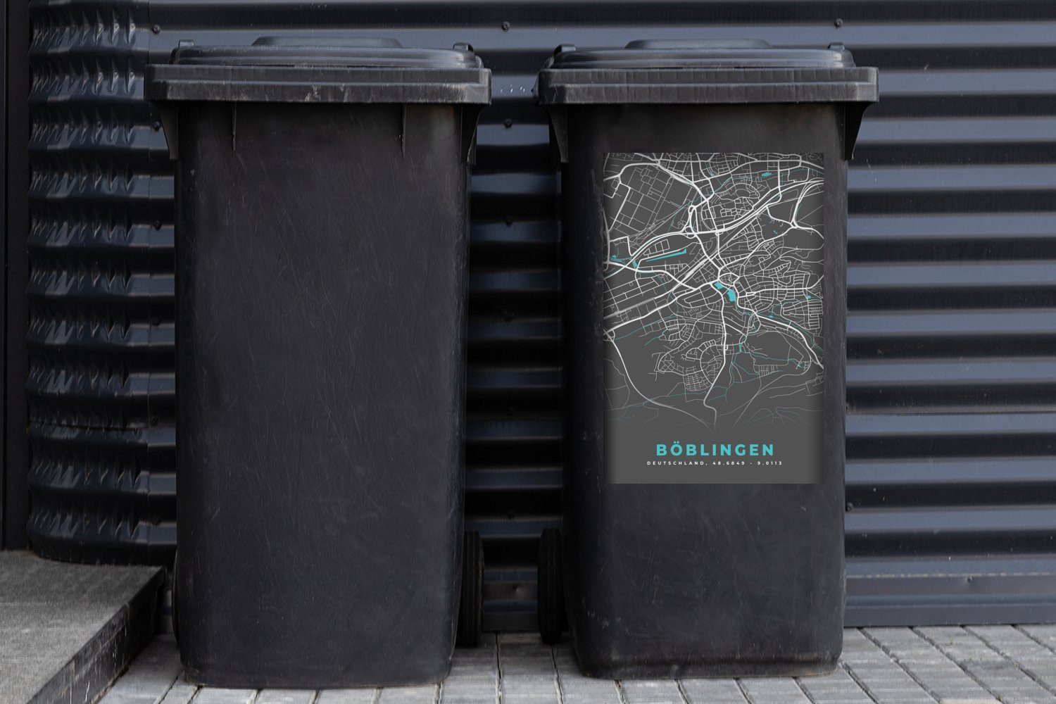 MuchoWow Wandsticker Stadtplan - St), Mülltonne, Deutschland Mülleimer-aufkleber, Sticker, Böblingen - Karte - (1 Container, Blau - Karte Abfalbehälter von