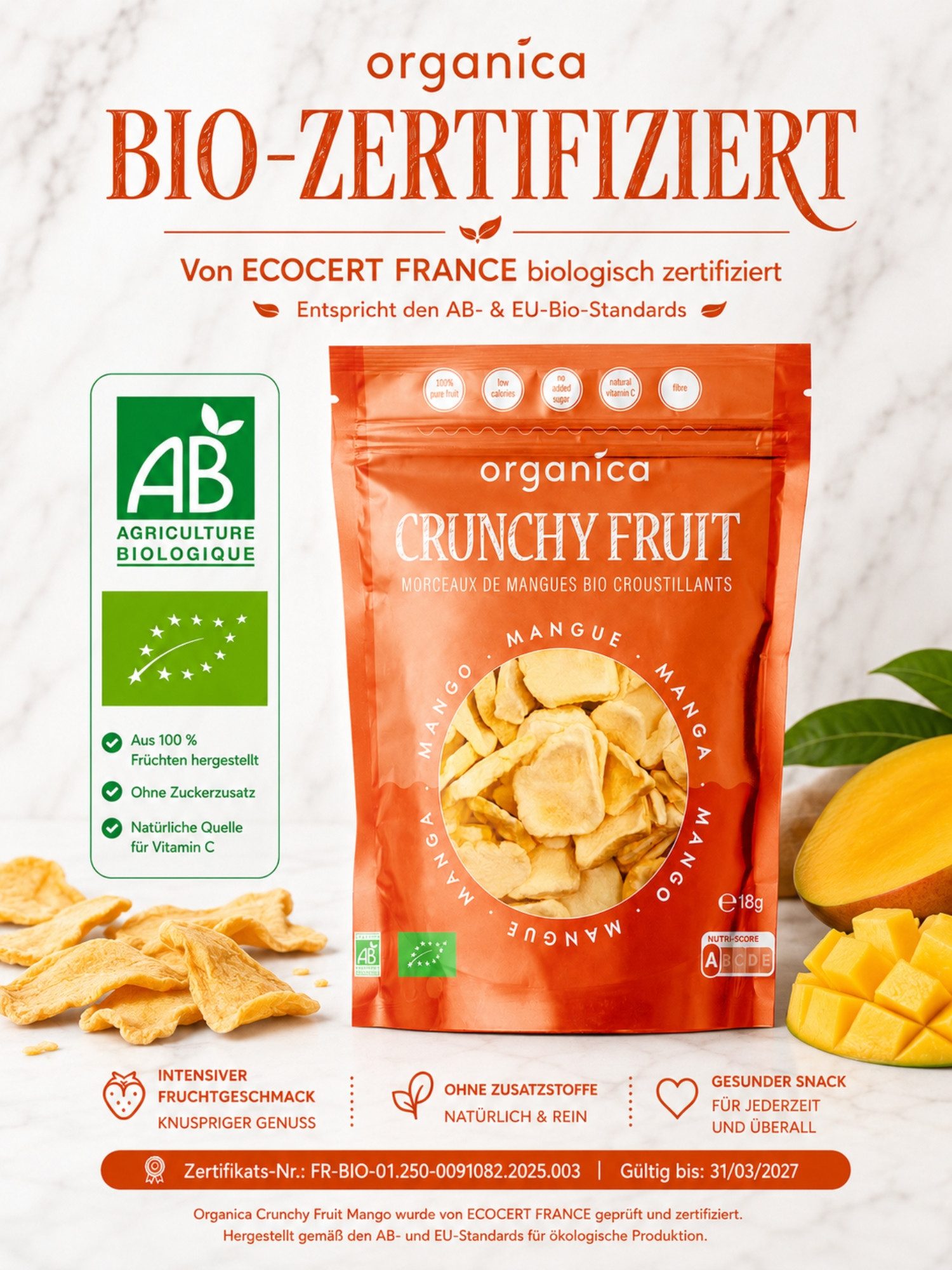 Organica Trockenfrüchte Bio-Mango gefriergetrocknet knuspriger Fruchtsnack, 1 x (Single Pack(18g), Bio-zertifiziert, 100 % Frucht, Ohne Zuckerzusatz, Nutri-Score A