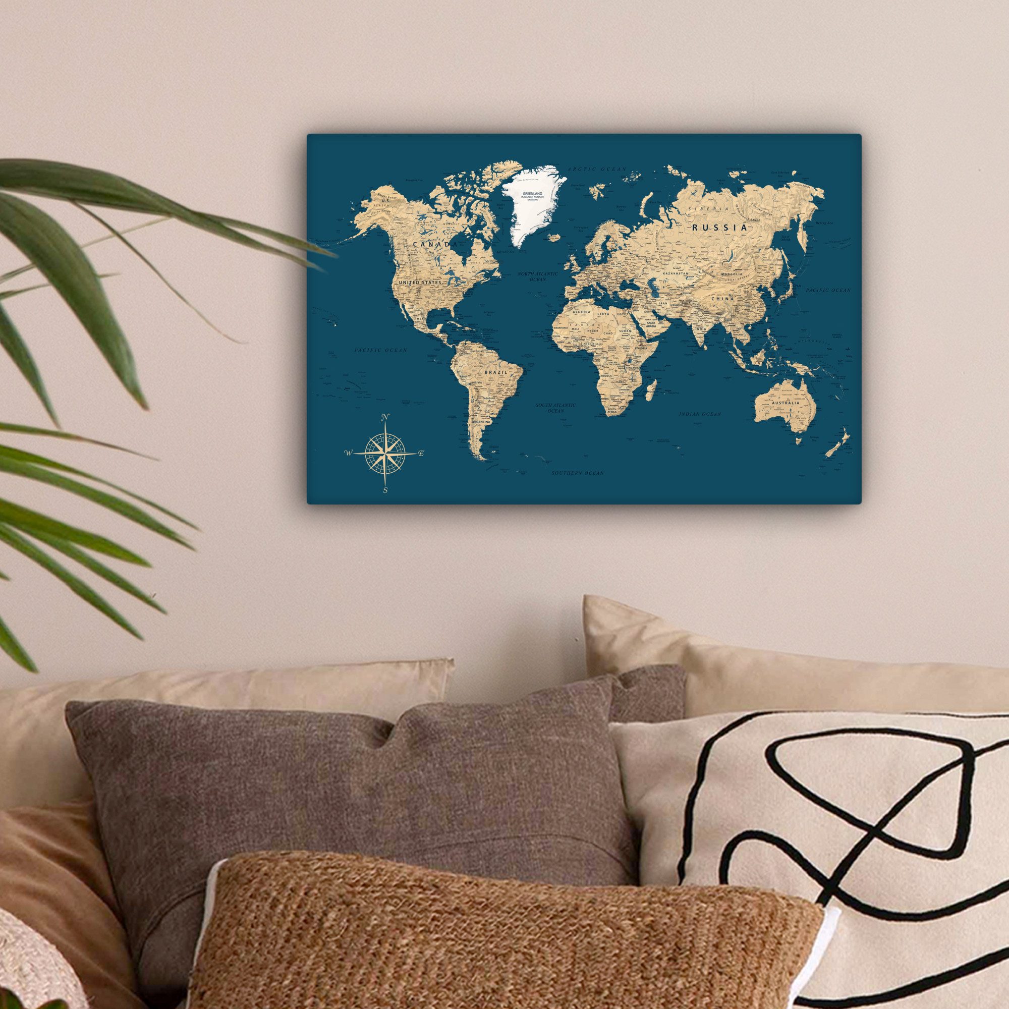 OneMillionCanvasses® Leinwandbild Weltkarte - Dunkelblau - Beige, Fotodruck günstig online kaufen