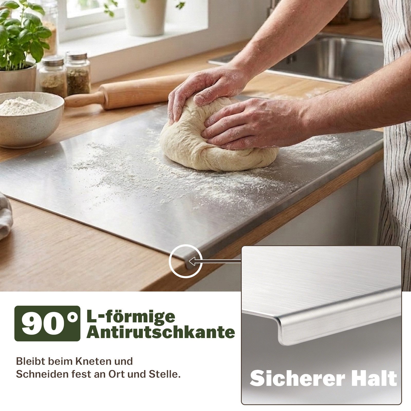 PRIISF Schneidebrett Edelstahl Schneidbrett 50x40 cm Küche Schneidebrett mit Anschlagkante, Edelstahl, (rutschfest Schneidbrettchen Generic Arbeitsplatte Knetbr – Bild 3 von 5
