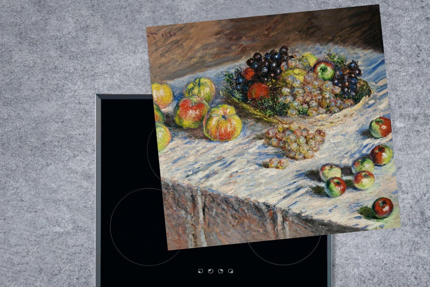 Vinyl, und küche 78x78 Monet, Ceranfeldabdeckung, Claude - Gemälde Herdblende-/Abdeckplatte cm, mit tlg), Äpfeln MuchoWow Stilleben (1 Arbeitsplatte für von Weintrauben