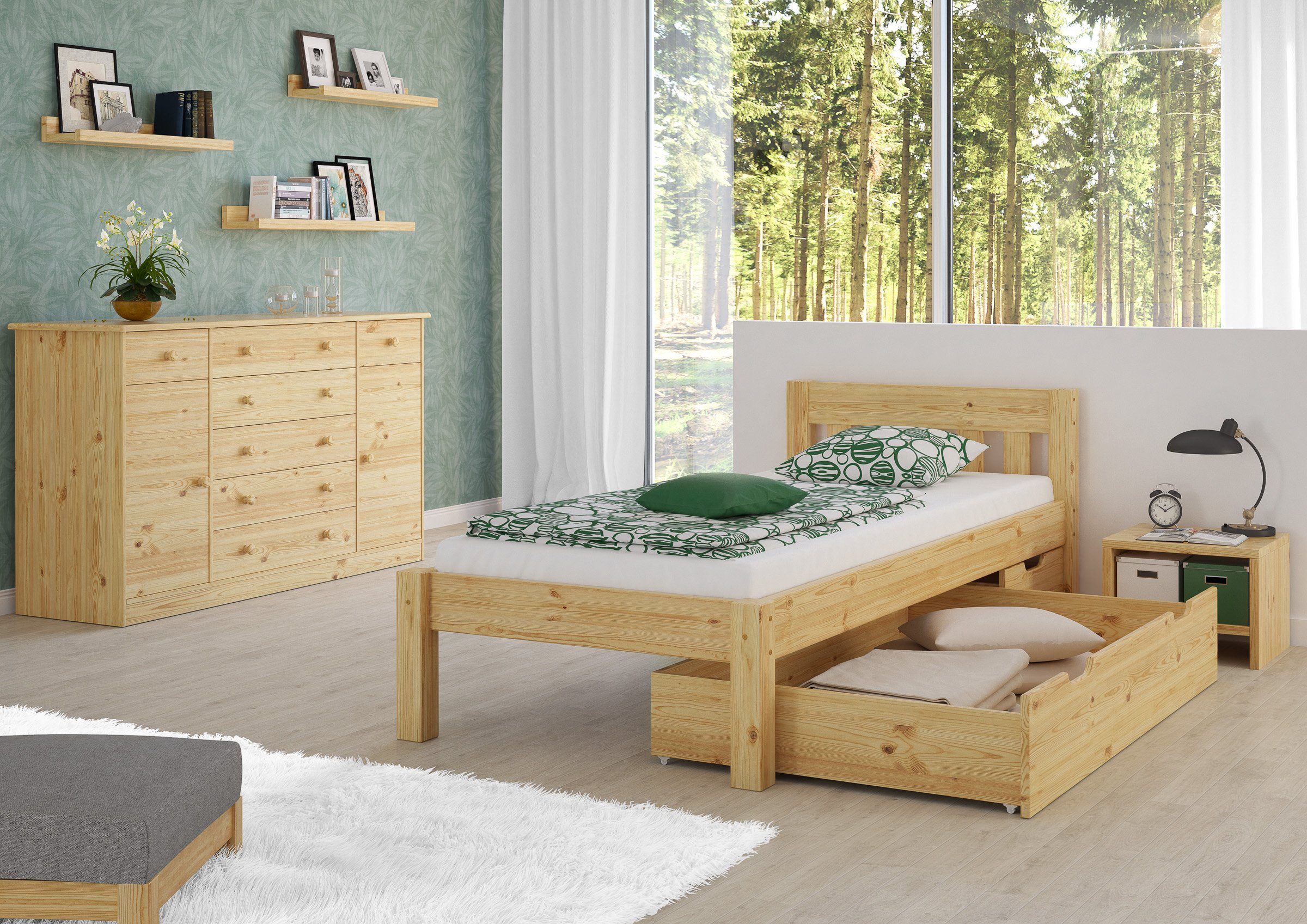 und Kieferfarblos Massivholz Federholzrahmen Matratze, ERST-HOLZ 80x200 lackiert mit Kinderbett Bett