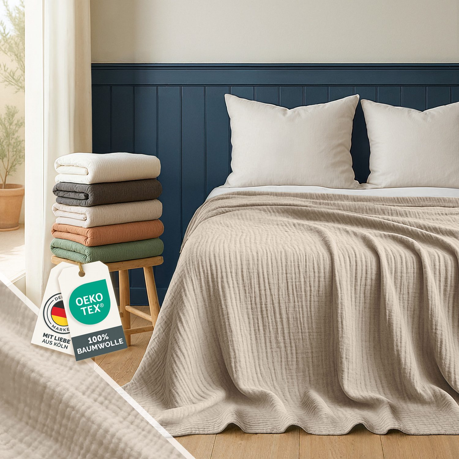 Blumtal Tagesdecke Tagesdecke Baumwolle - Musselin Decke Oeko-TEX zert. - Bettüberwurf, Couch Überwurf - leichte Kuscheldecke Baumwolle 100%