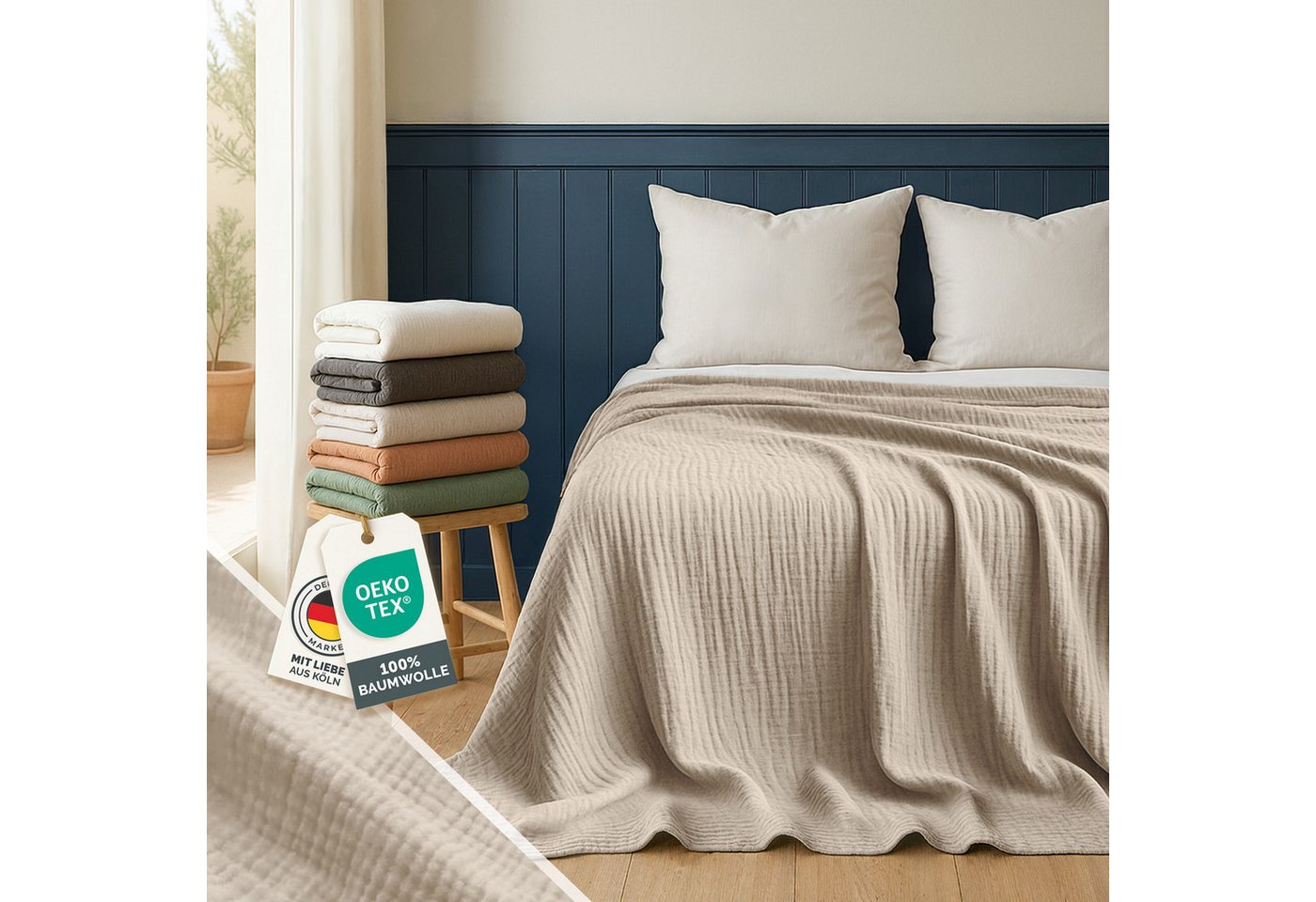 Blumtal Tagesdecke Tagesdecke Baumwolle - Musselin Decke Oeko-TEX zert. - Bettüberwurf, Couch Überwurf - leichte Kuscheldecke Baumwolle 100%