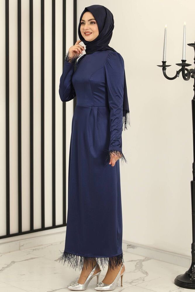 Fashion Abiye Modavitrini Hijab Abaya glänzend Abendkleid Satin Kleid Modest Blau Satin Damen Navy Satinkleid