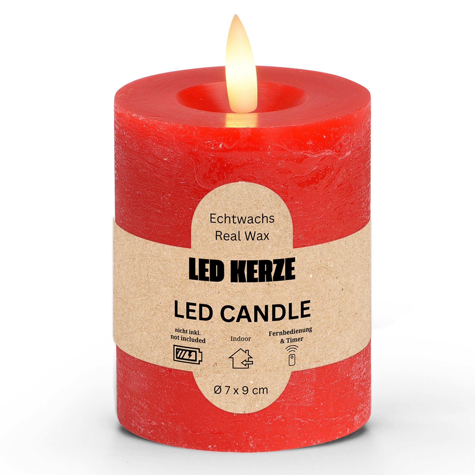 matches21 HOME & HOBBY Tafelkerze LED Stumpenkerze Wachs, Flackernde Flamme, Ø 7x9 cm, Rot (1-tlg), Praktisch mit Fernbedienung & Timerfunktion