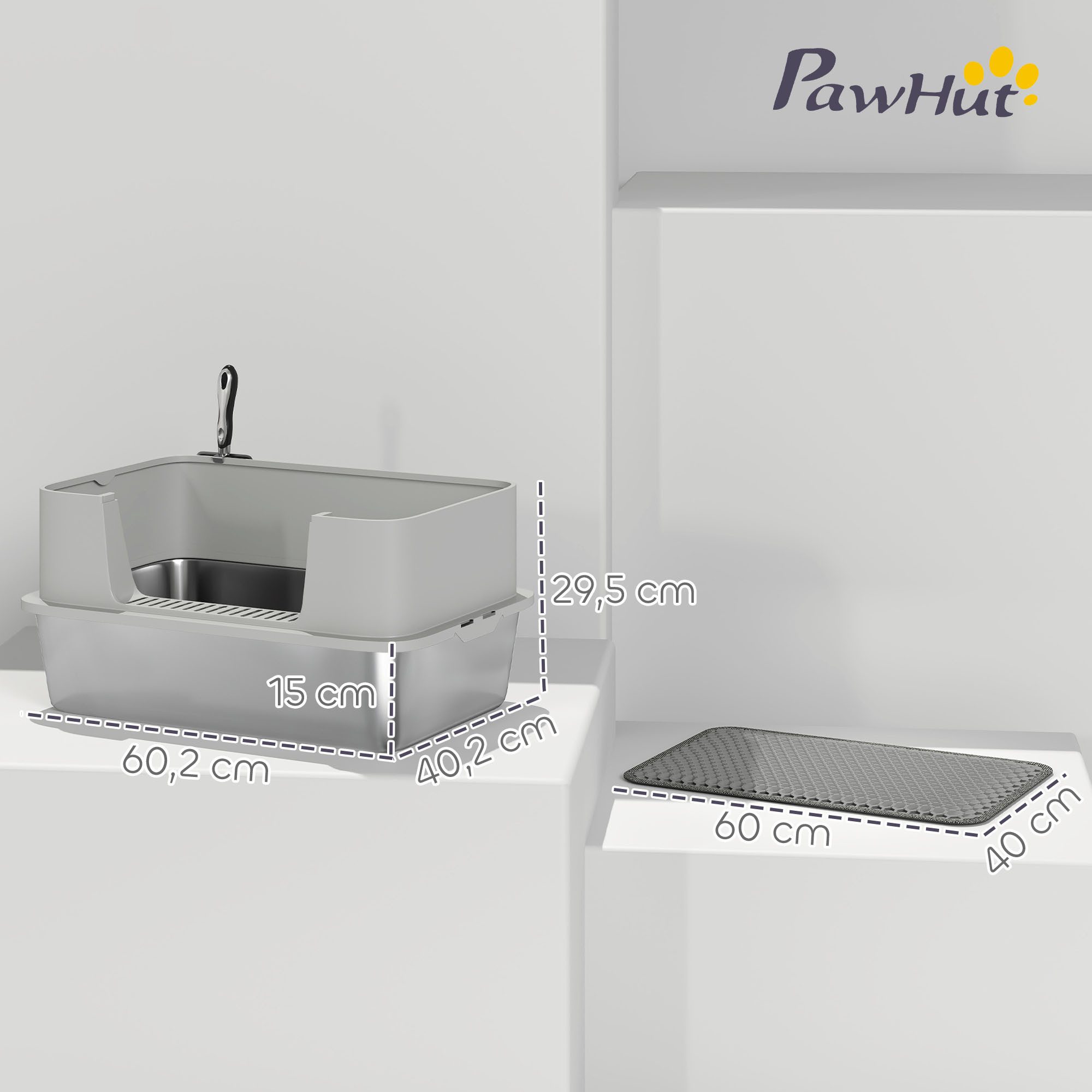 PawHut Katzentoilette Edelstahl Offene Katzenklo mit Schaufel hohem Rand Matte, für große Katzen bis 7 kg 60,2 x 40,2 x 29,5 cm, Grau