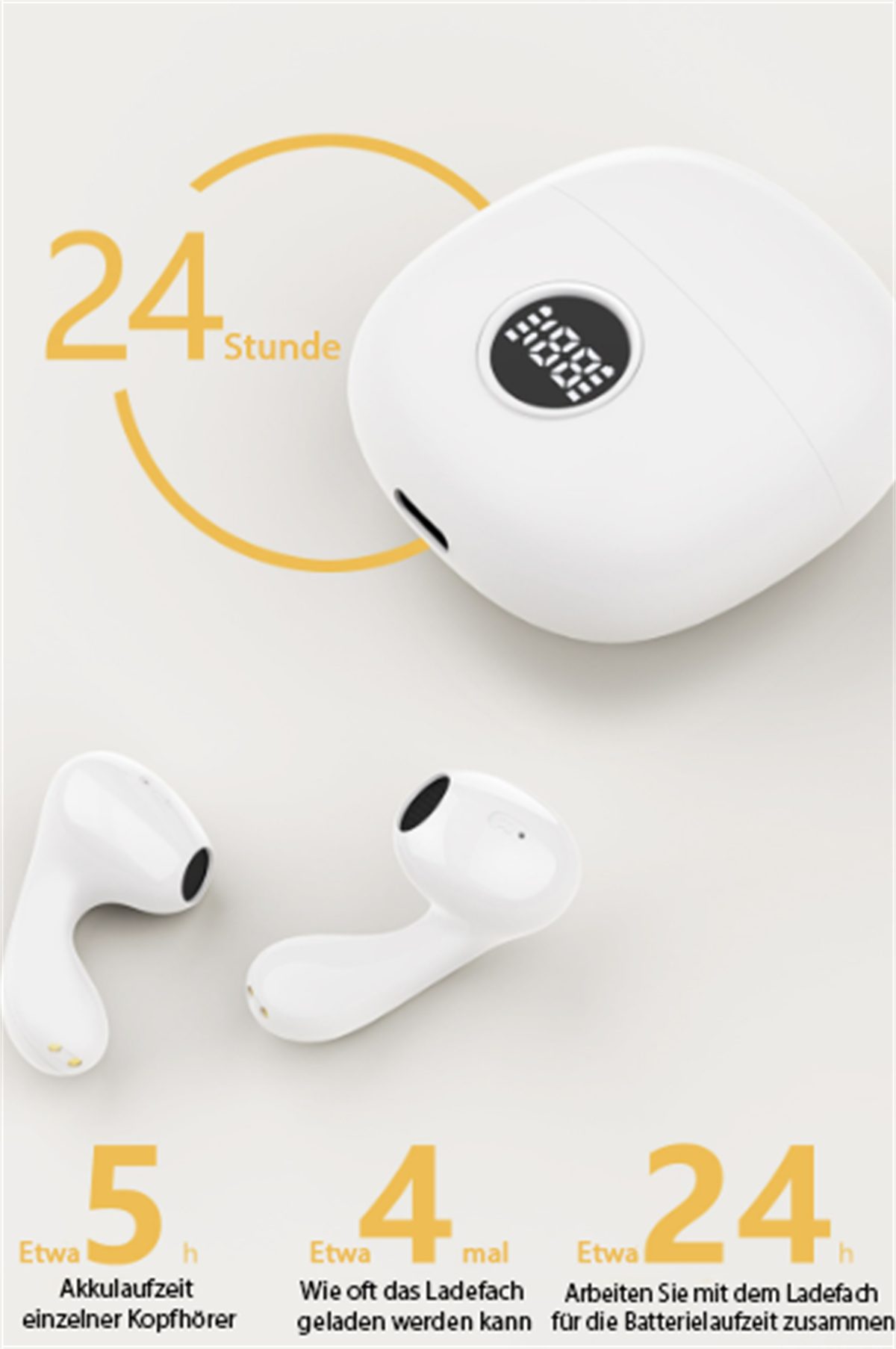 selected In-Ear-Kopfhörer lange Digitalanzeige Geräuschunterdrückung In-Ear-Kopfhörer Akkulaufzeit) Weiß V5.3 super (Bluetooth Kabelloser carefully + intelligente mit LED-Anzeige, +