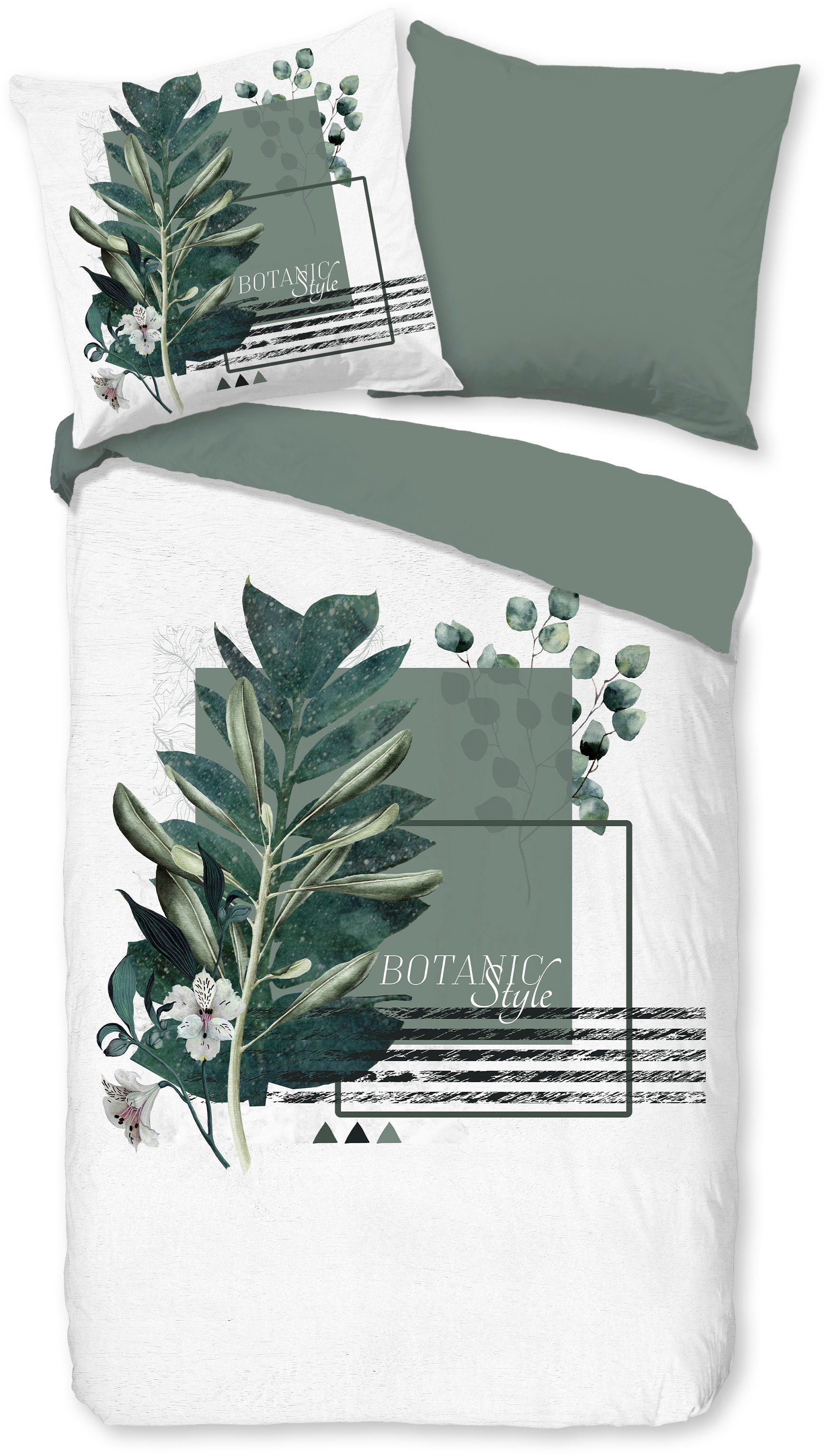 PURE luxury collection Wendebettwäsche Green Boho, Microfaser, 2 teilig, Mikrofaser, Pflegeleicht, Weich, Reißverschluss, Wendeoptik, Boho