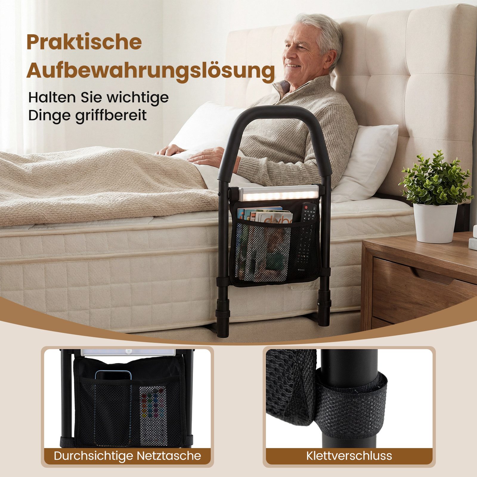 COSTWAY Bett - Aufstehhilfe, belastbar bis 136 kg, Bettgitter mit LED-Sensorlicht, Befestigungsgurt
