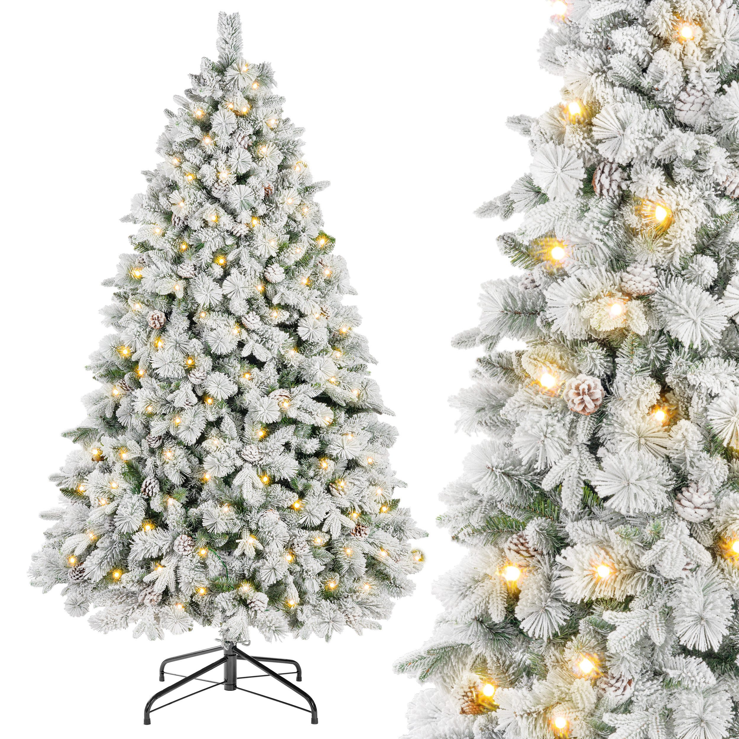 Sinaopus Künstlicher Weihnachtsbaum 180–235 cm Schneetanne, echte Zapfen, 300–500 LEDs, 8 Lichtmodi, Beflockte Wintertanne, echte Zapfen, Mischzweige, warmgelbes Licht, 300–500 LEDs, 8 Lichtmodi, echte Schneezapfen, Metallständer