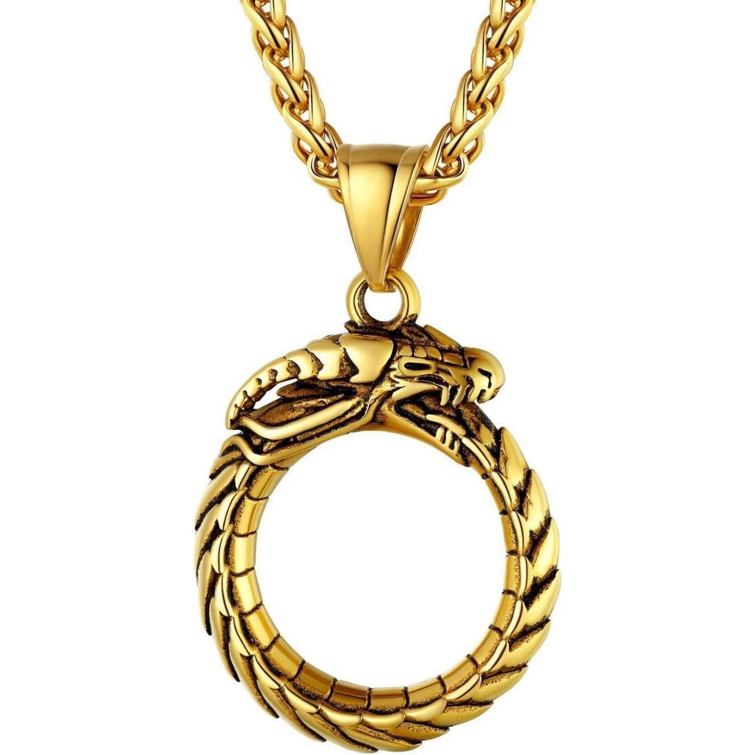 Kette und Anhänger Set Anhänger Herren Damen Edelstahl Halskette Wolfskopf Drache 03-gold
