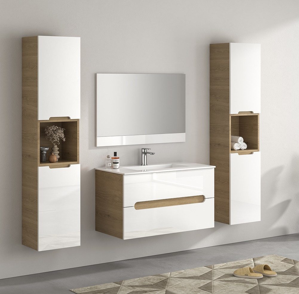 Badmöbel-Set 90cm Hochglanz Weiß inkl. Waschbecken&LED-Beleuchtung